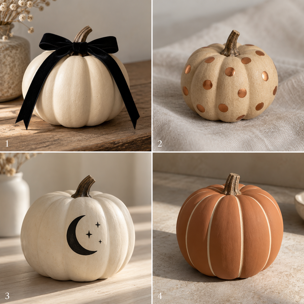 Numbered photo guide to ideas 1 through 4 for no carve pumpkin ideas