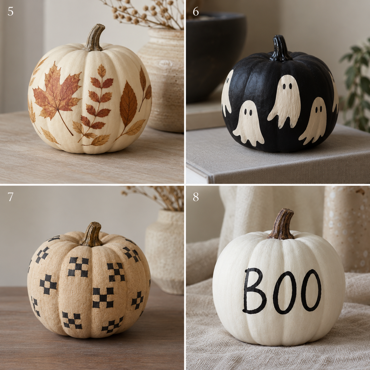 Numbered photo guide to ideas 5 through 8 for no carve pumpkin ideas
