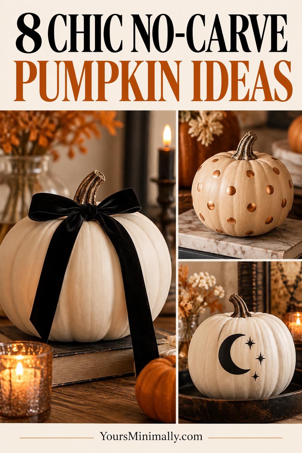 8 Easy No-Carve Pumpkin Ideas That Look Expensive but Aren’t — Pinterest pin with faceless photos