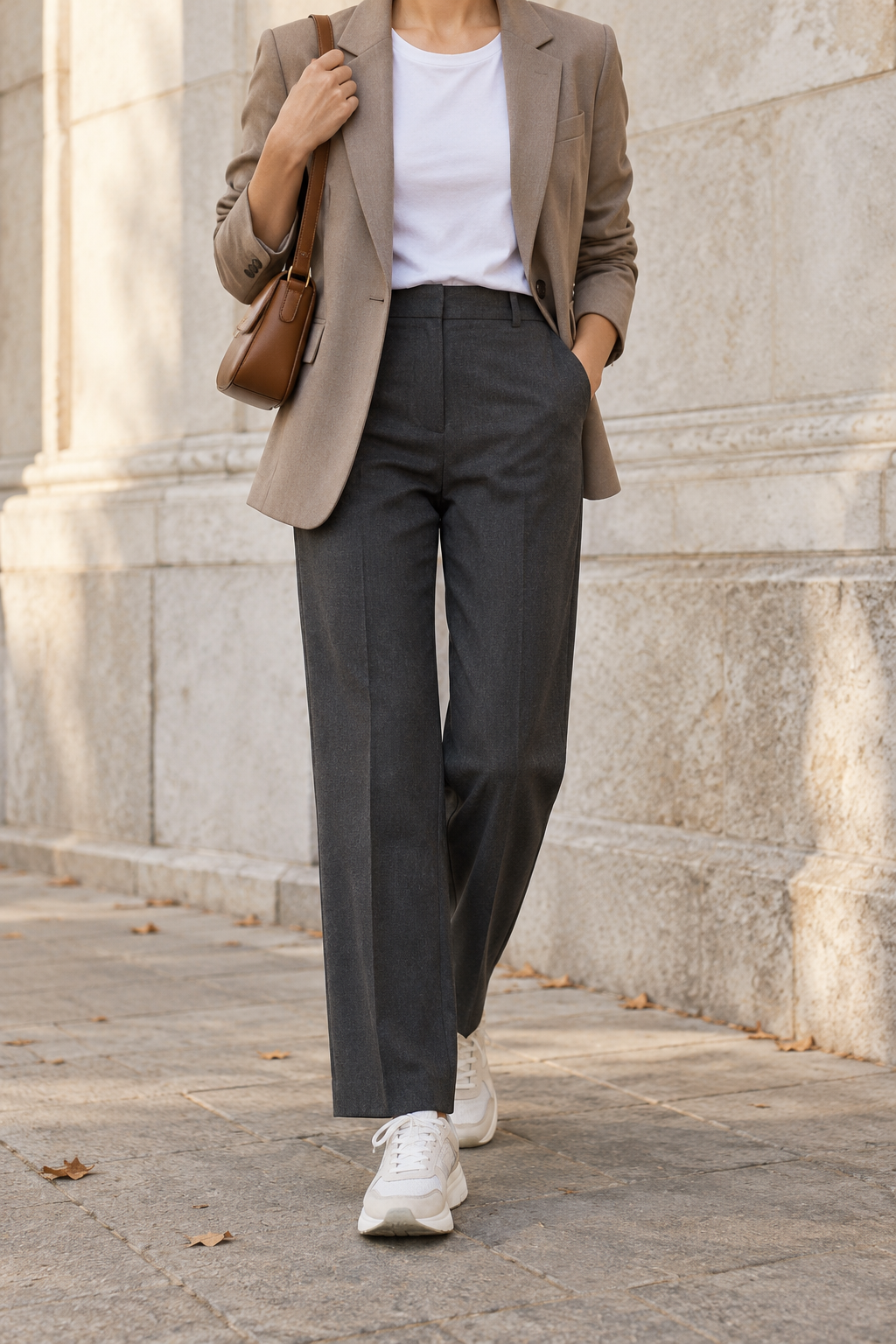 Taupe Blazer + White Tee + Charcoal Trousers for Arrival Day — faceless outfit photo
