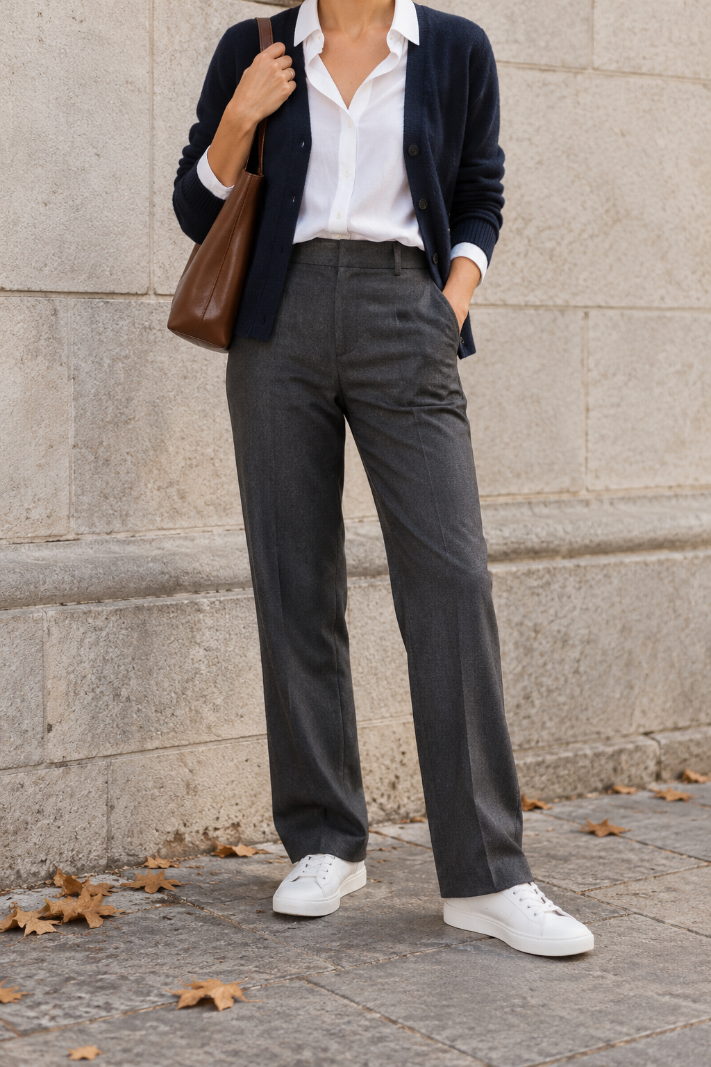 Navy Cardigan + White Blouse + Charcoal Trousers — faceless outfit photo