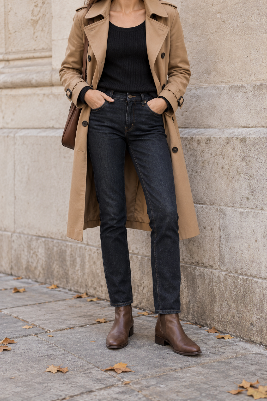Trench + Black Knit + Jeans for a Cooler Evening — faceless outfit photo