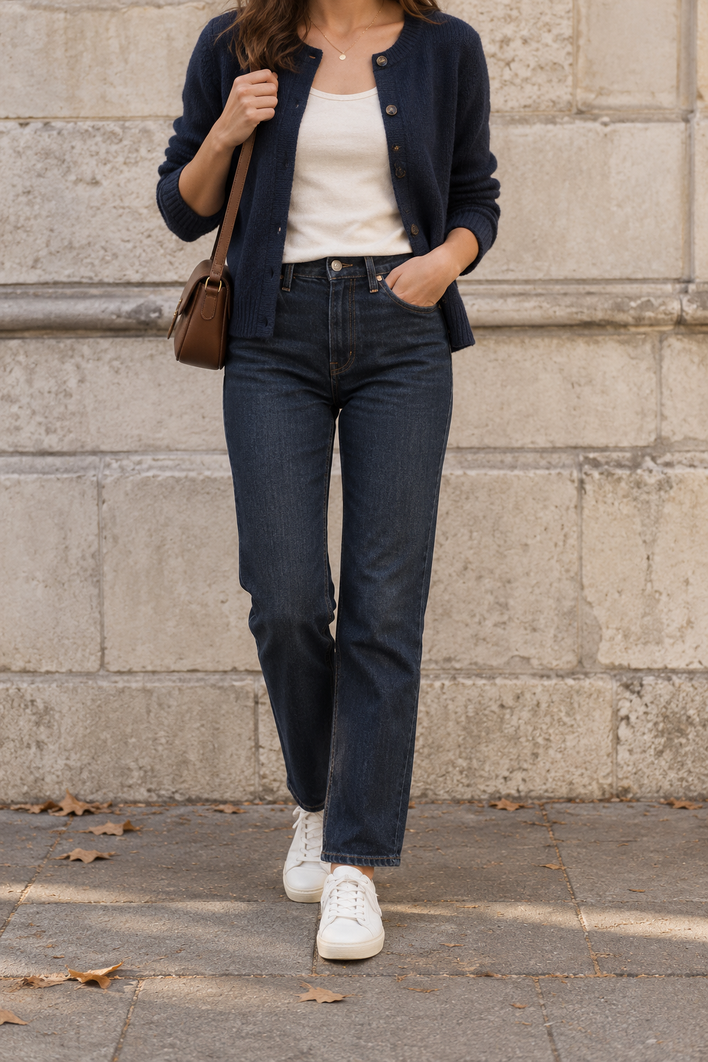 Navy Cardigan + Cream Tee + Jeans for a Train Day — faceless outfit photo