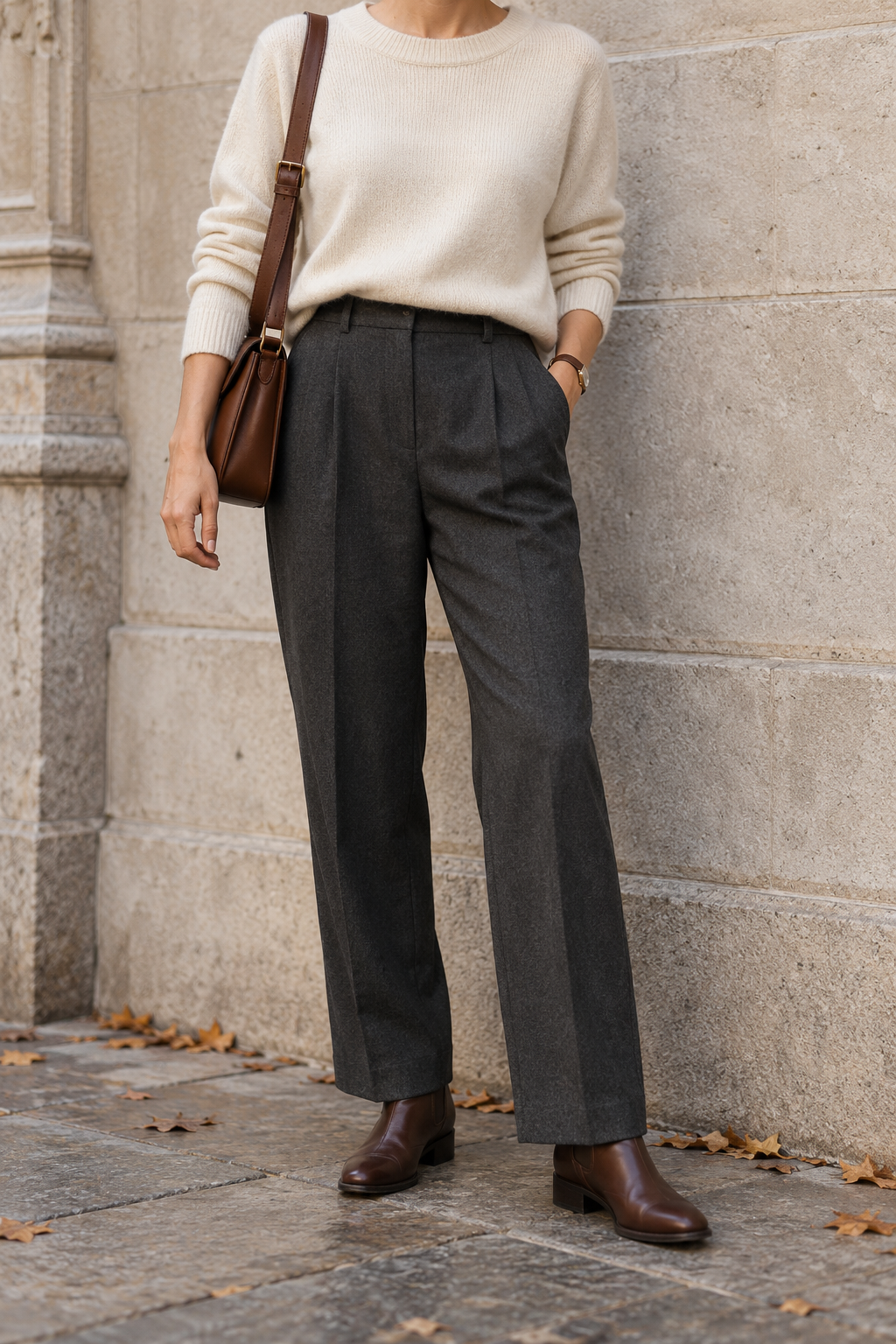 Cream Sweater + Charcoal Trousers + Brown Boots — faceless outfit photo