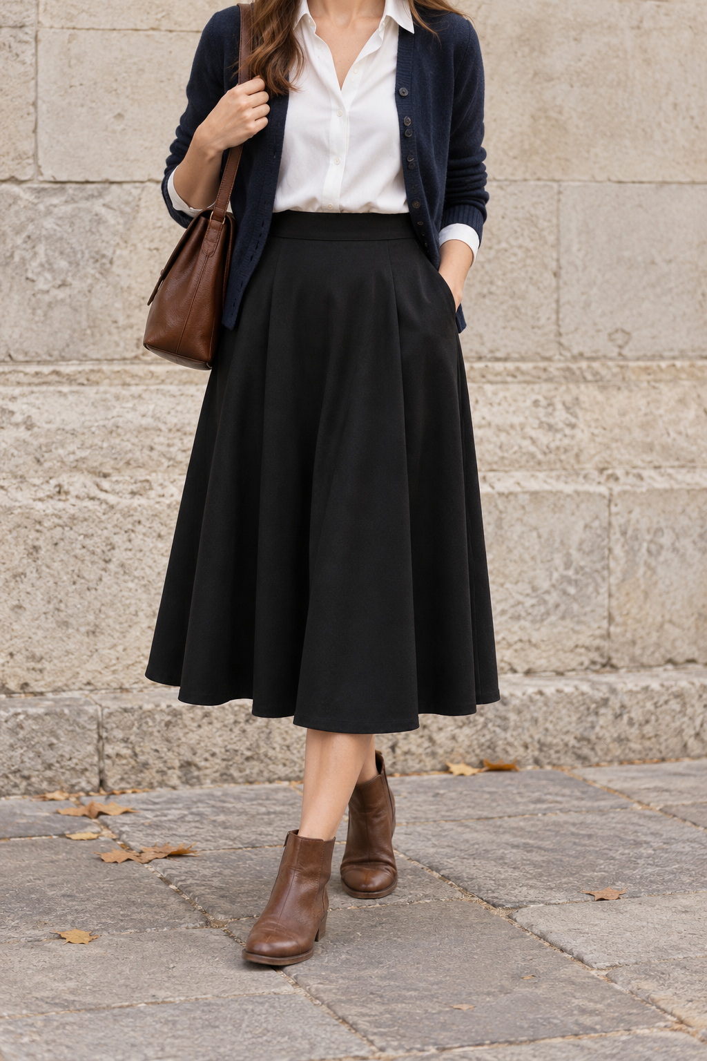 White Blouse + Black Midi Skirt + Navy Cardigan — faceless outfit photo