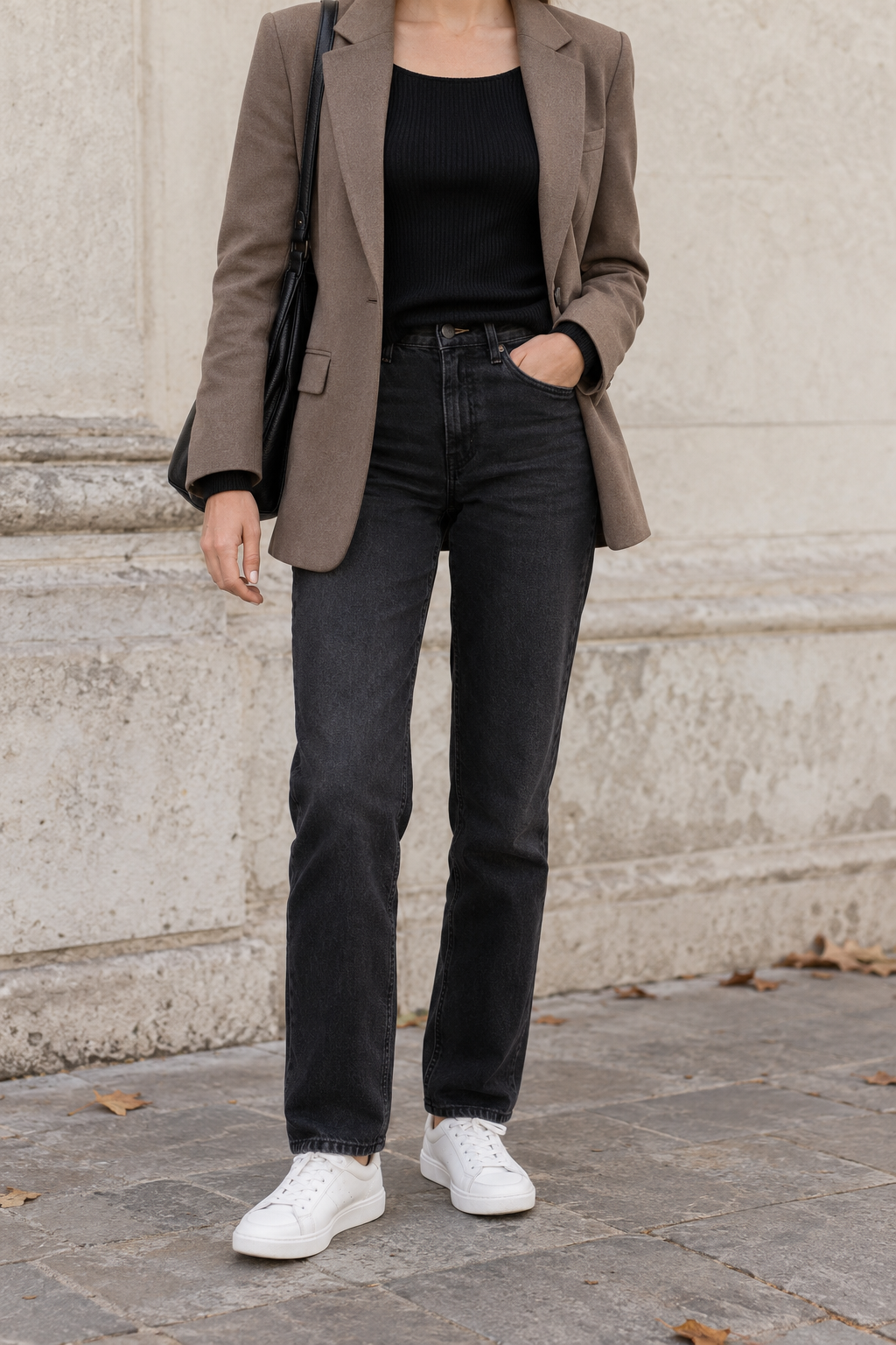 Taupe Blazer + Black Knit + Dark Jeans for Milan — faceless outfit photo