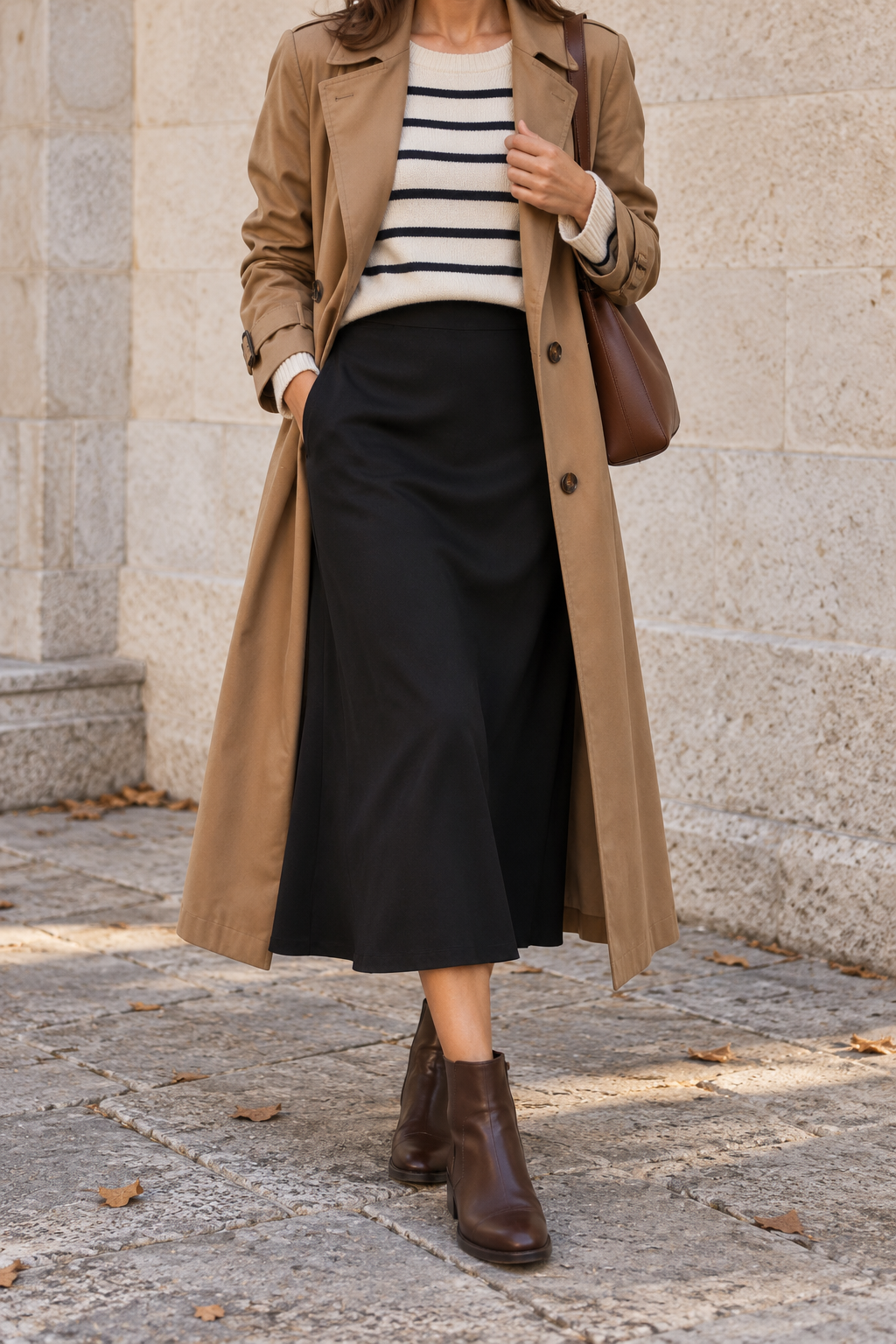 Trench + Striped Knit + Black Midi Skirt — faceless outfit photo
