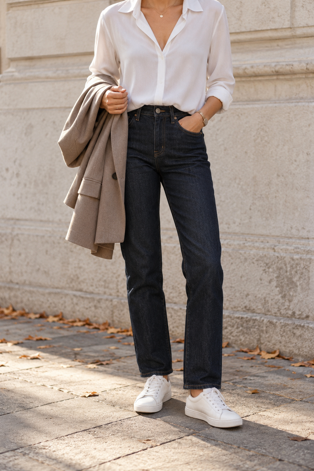 White Blouse + Jeans + Sneakers for Rome Exploring — faceless outfit photo