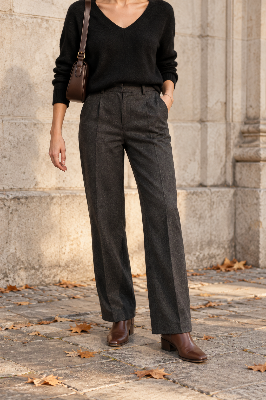 Black Fine Knit + Charcoal Trousers for Dinner — faceless outfit photo