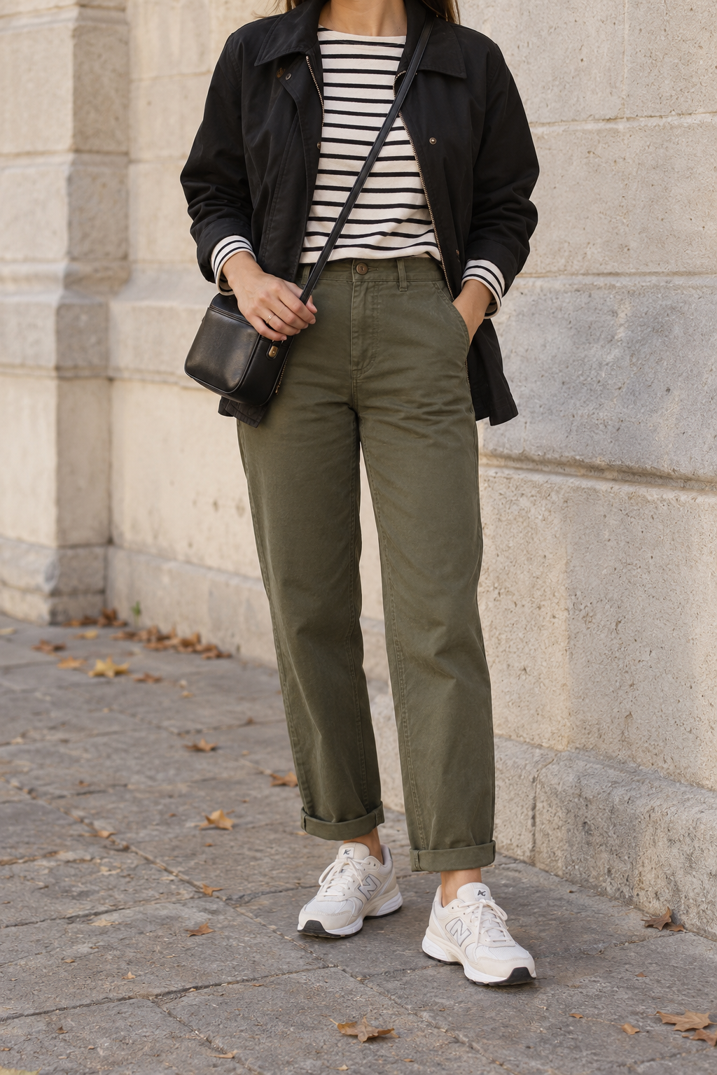 Relaxed Black Jacket + Striped Tee + Olive Trousers — faceless outfit photo