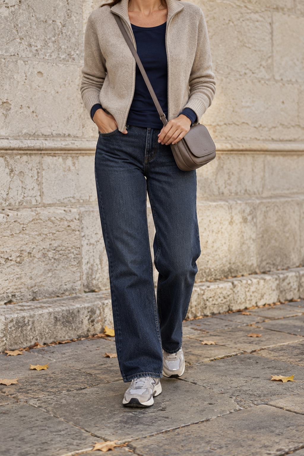 Zip Cardigan + Navy Tee + Jeans for Train Travel — faceless outfit photo