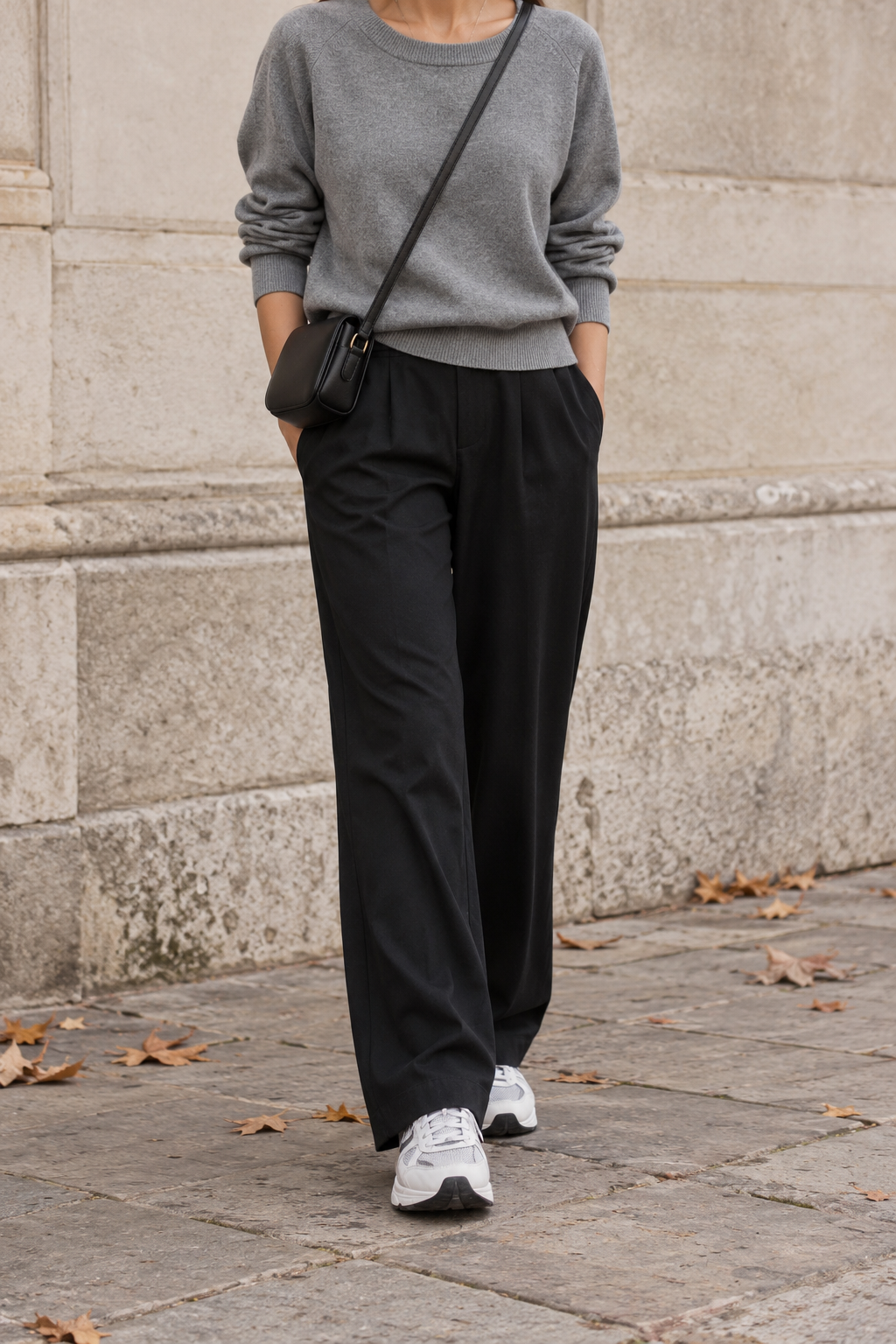 Grey Sweatshirt + Black Trousers for Neighborhood Exploring — faceless outfit photo