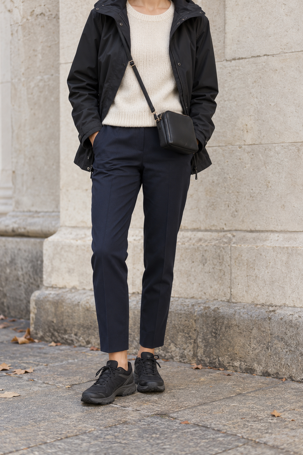 Black Rain Shell + Cream Knit + Navy Ankle Trousers — faceless outfit photo