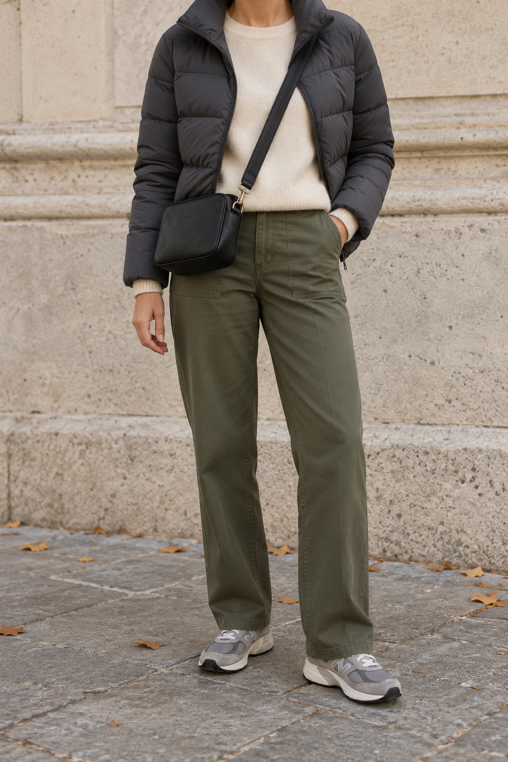 Light Puffer + Cream Knit + Olive Trousers for a Cooler Evening — faceless outfit photo