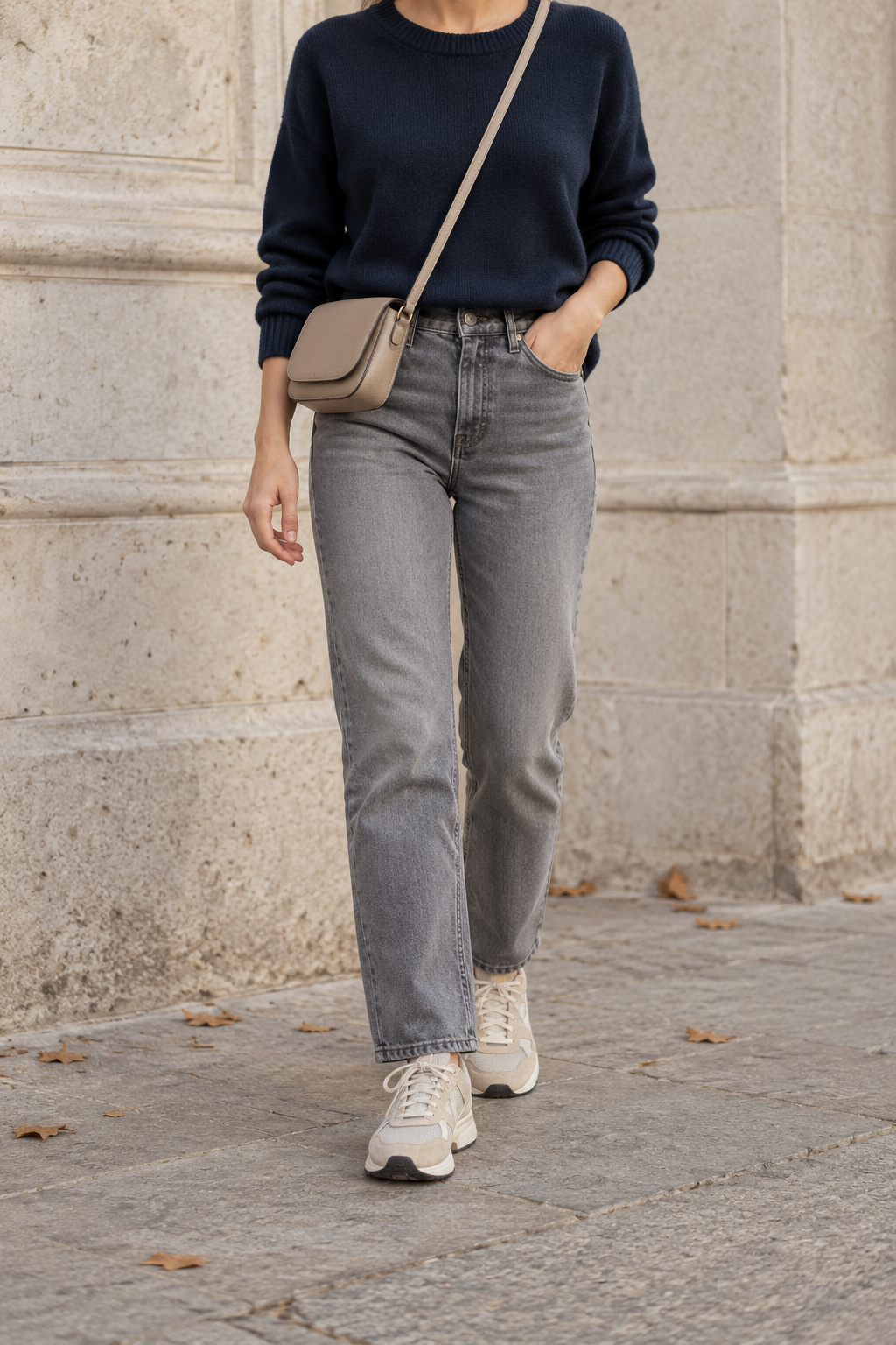 Navy Sweater + Grey Jeans for a Full Walking Day — faceless outfit photo
