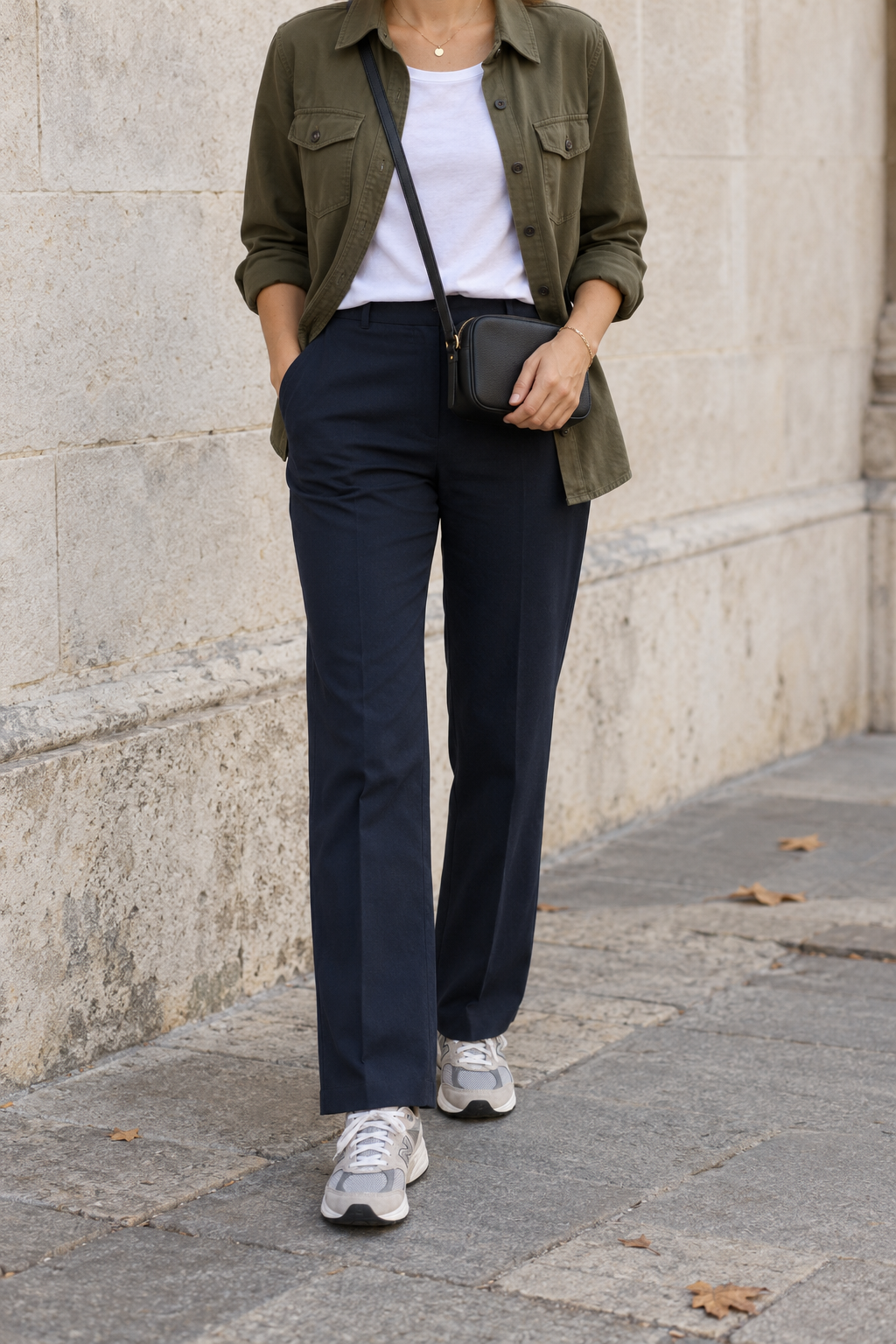 Olive Overshirt + White Tee + Navy Trousers for a Mild Day — faceless outfit photo