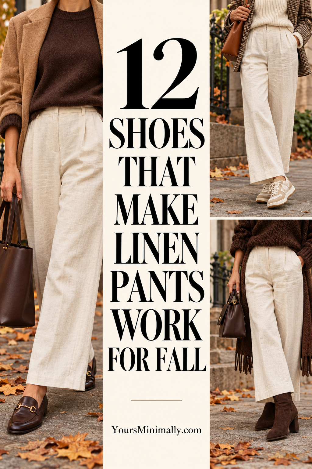 12 Shoes That Make Linen Pants Look Chic in Fall — Pinterest pin with faceless outfit photos