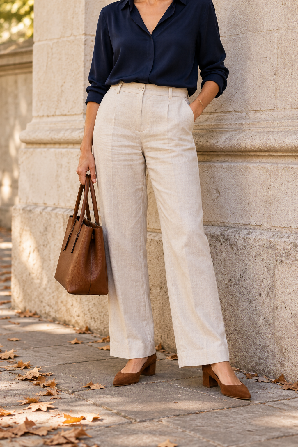 Low Block-Heel Pumps + Beige Linen Pants — outfit styling inspiration