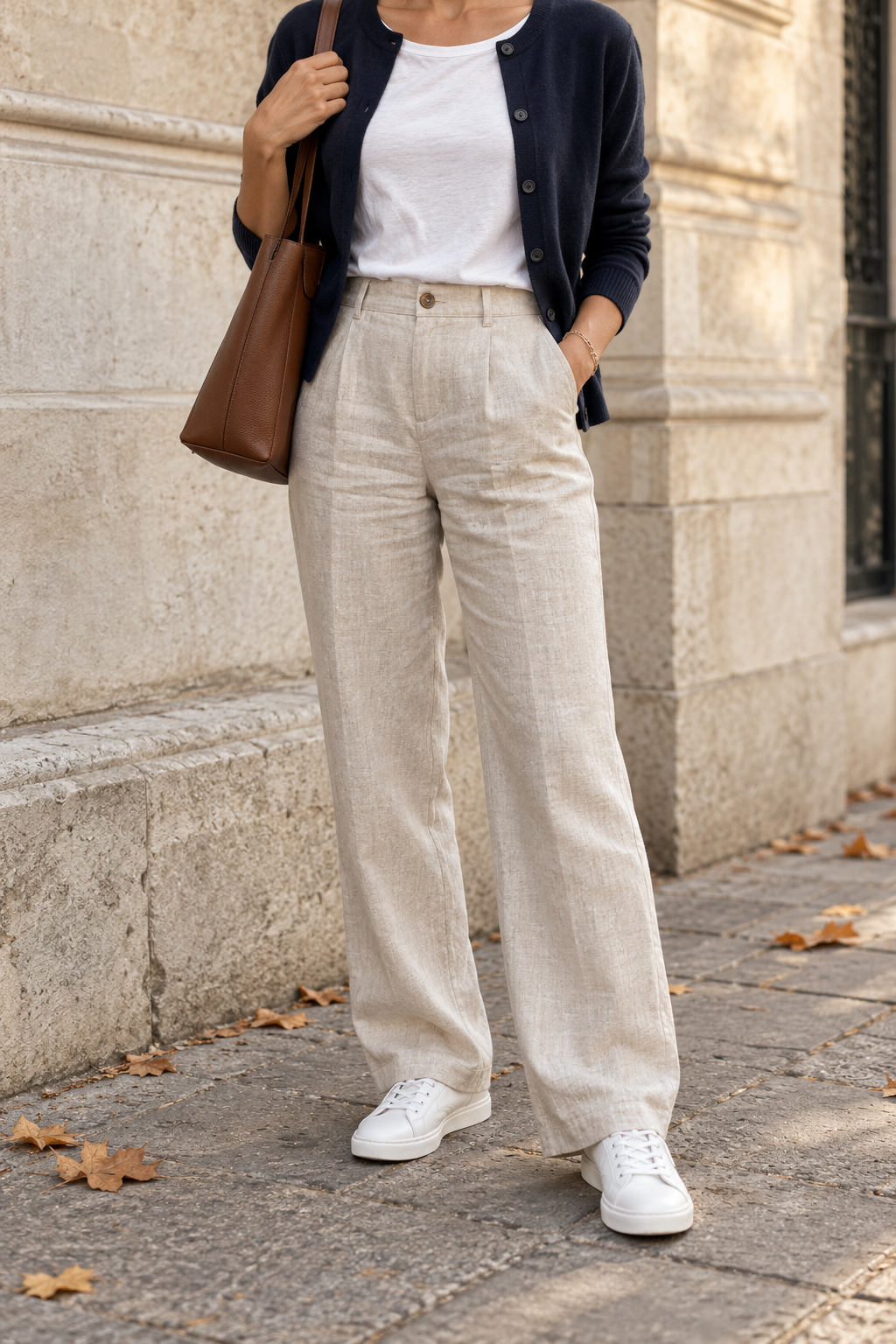 White Leather Sneakers + Beige Linen Pants — outfit styling inspiration