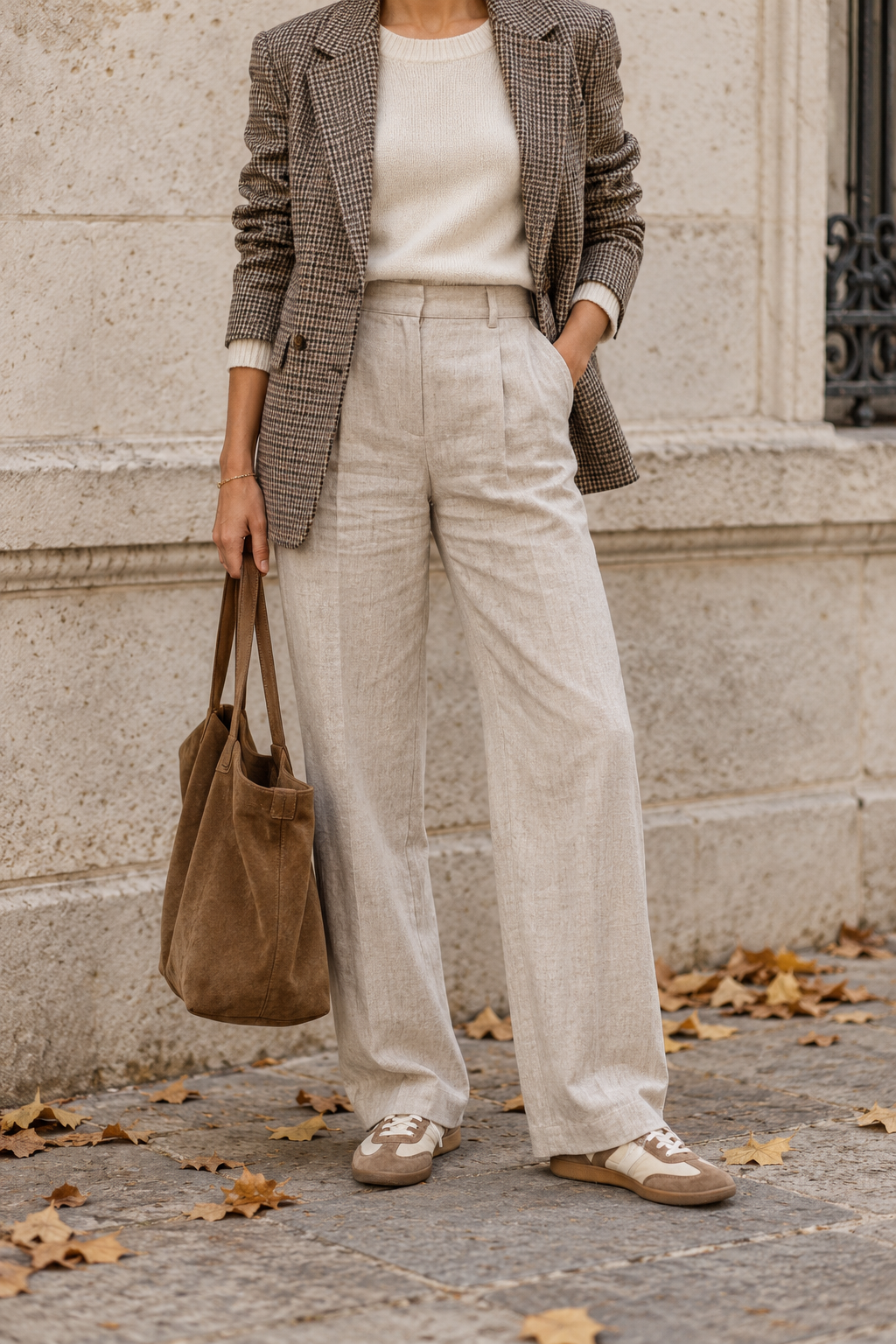 Beige Suede Trainers + Oatmeal Linen Pants — outfit styling inspiration