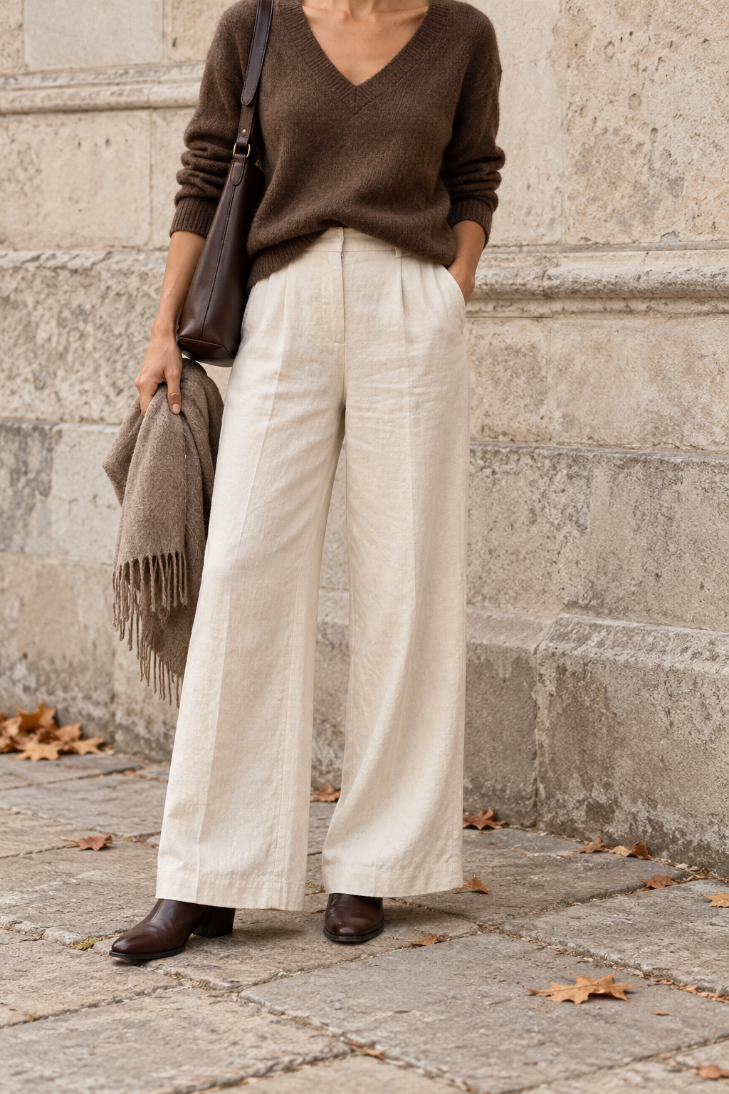 Chocolate Ankle Boots + Wide-Leg Linen Pants — outfit styling inspiration