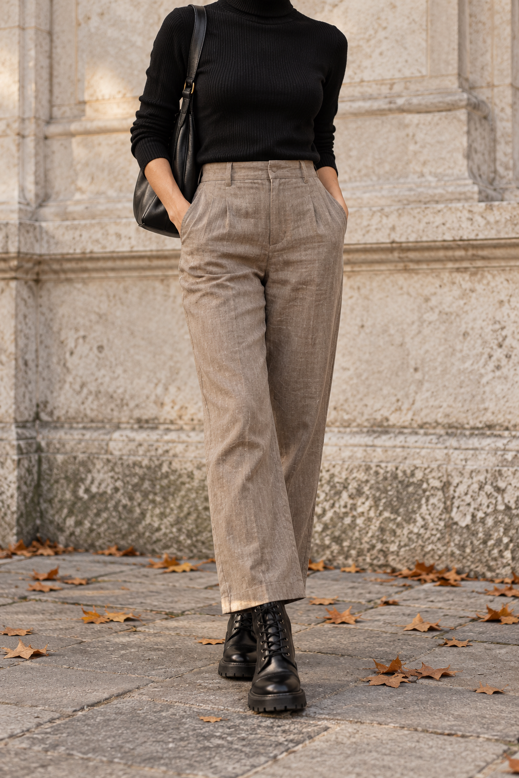 Lace-Up Boots + Taupe Linen Pants — outfit styling inspiration