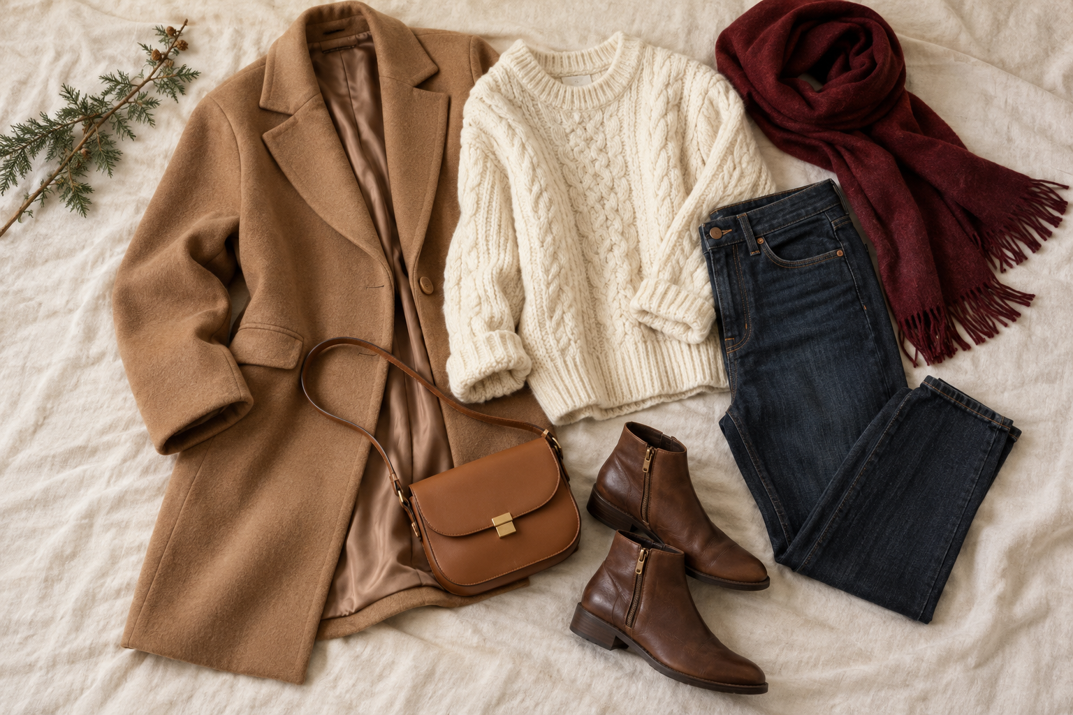 Camel coat, ivory knit, jeans, brown boots and burgundy scarf