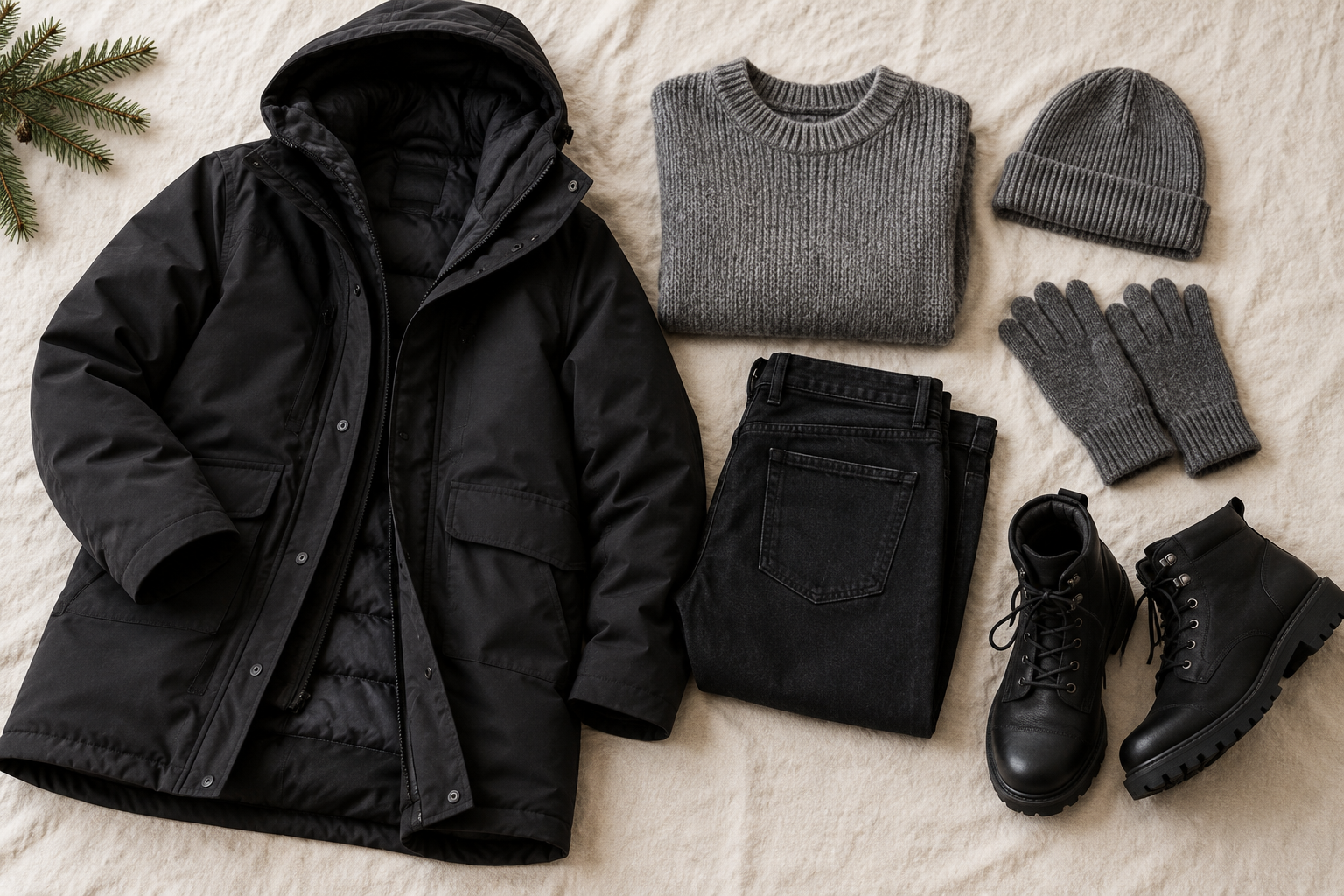 Black hooded parka, gray knit, black jeans and lace-up boots