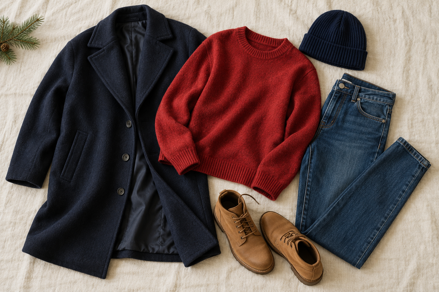 Navy coat, red sweater, indigo jeans and tan boots
