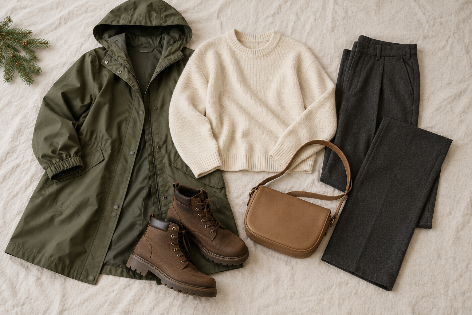 Olive hooded raincoat, cream knit, charcoal trousers and brown boots