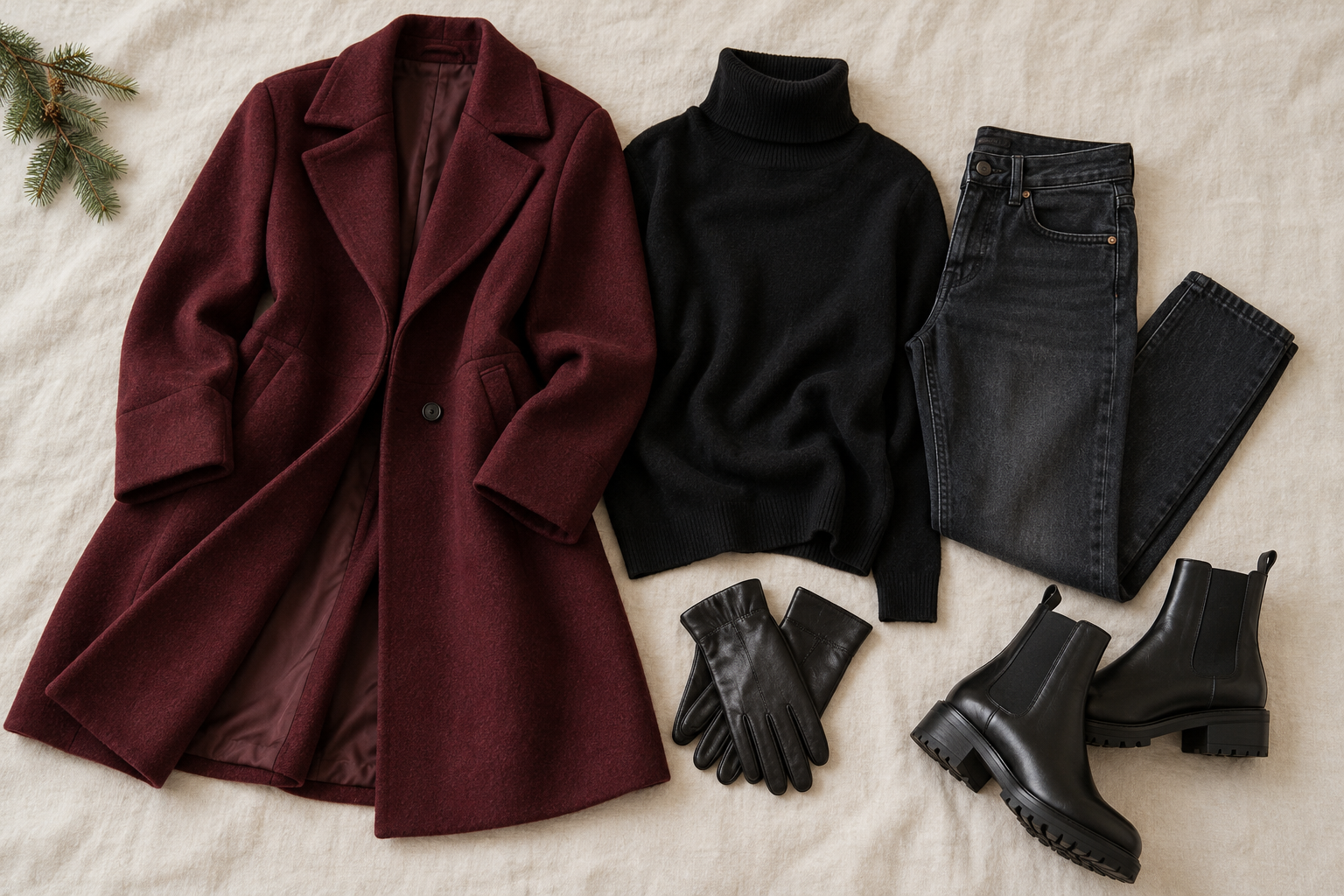 Burgundy wool coat, black turtleneck, dark jeans and black boots