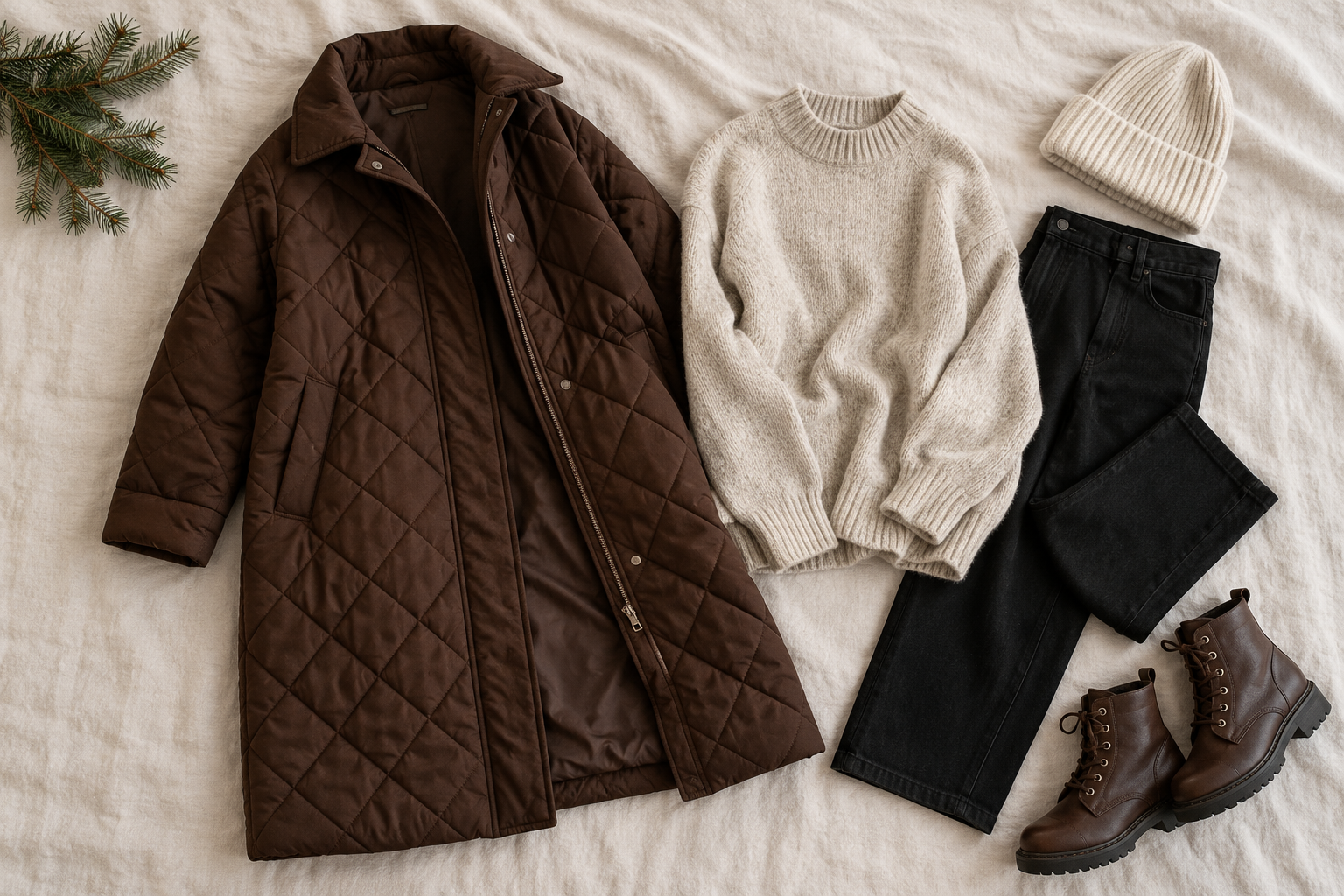 Chocolate quilted coat, oatmeal knit, black trousers and brown boots