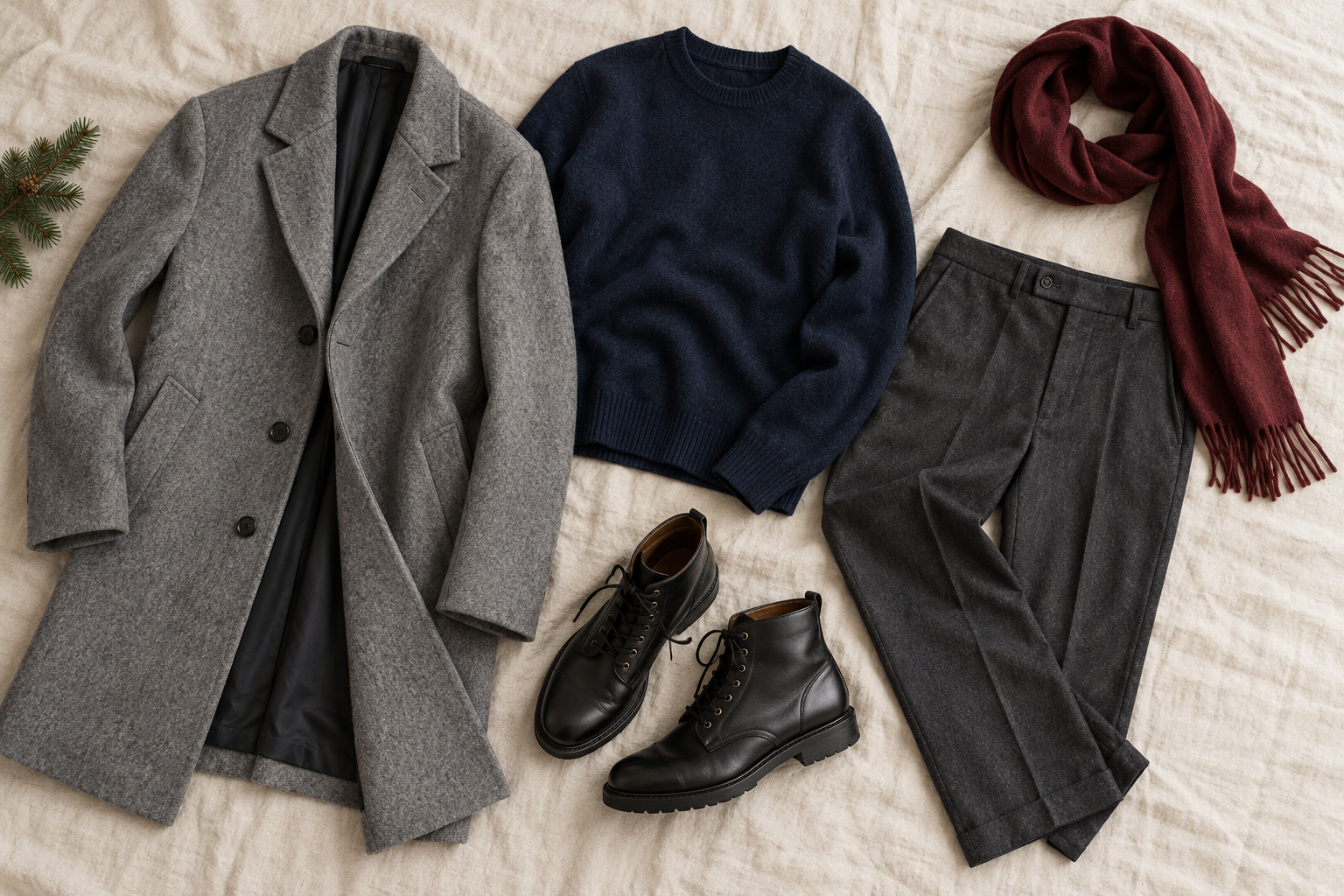 Gray coat, navy sweater, charcoal trousers, black boots and burgundy scarf
