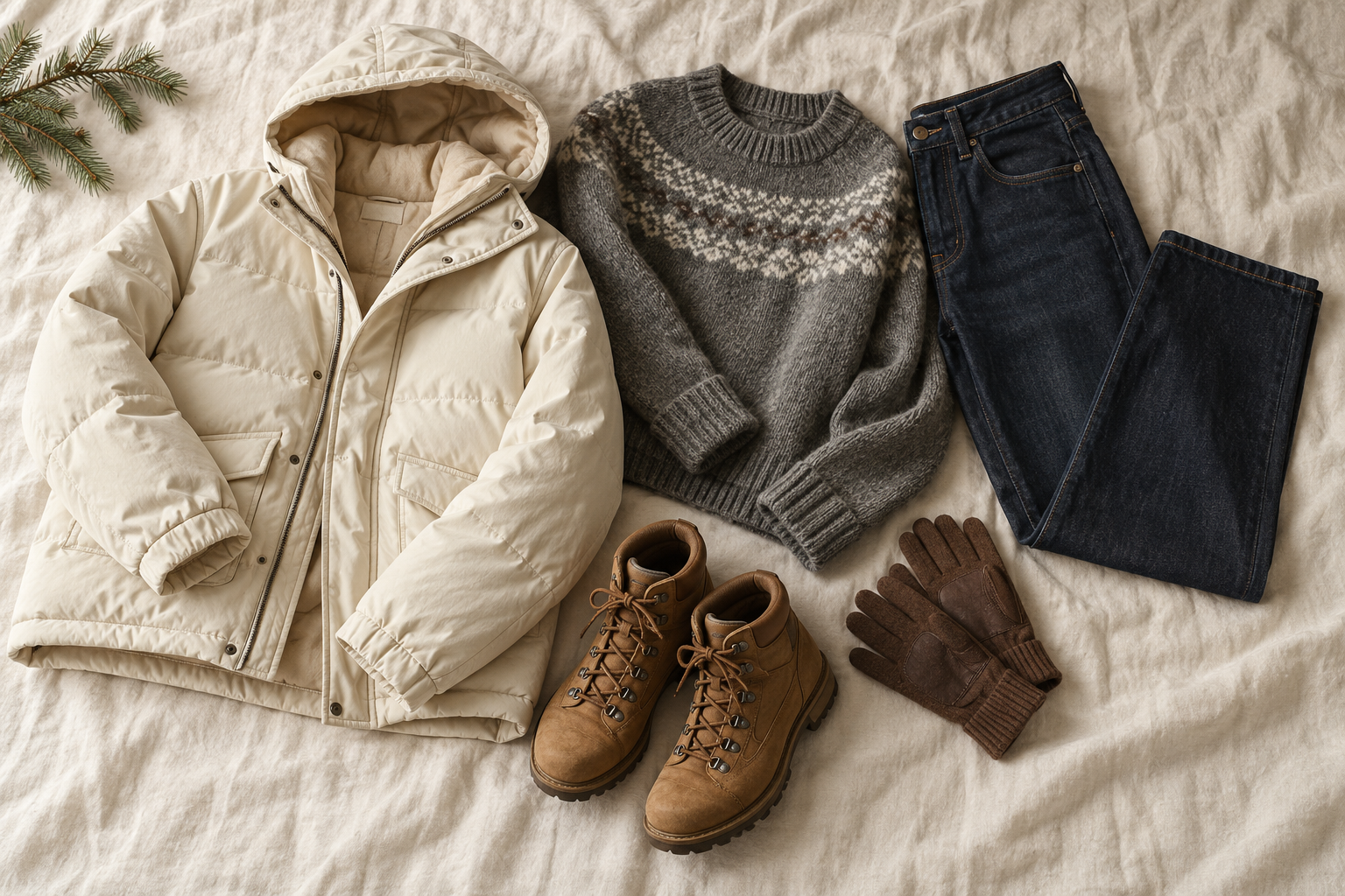 Cream hooded insulated jacket, gray knit, jeans and tan lace-up boots