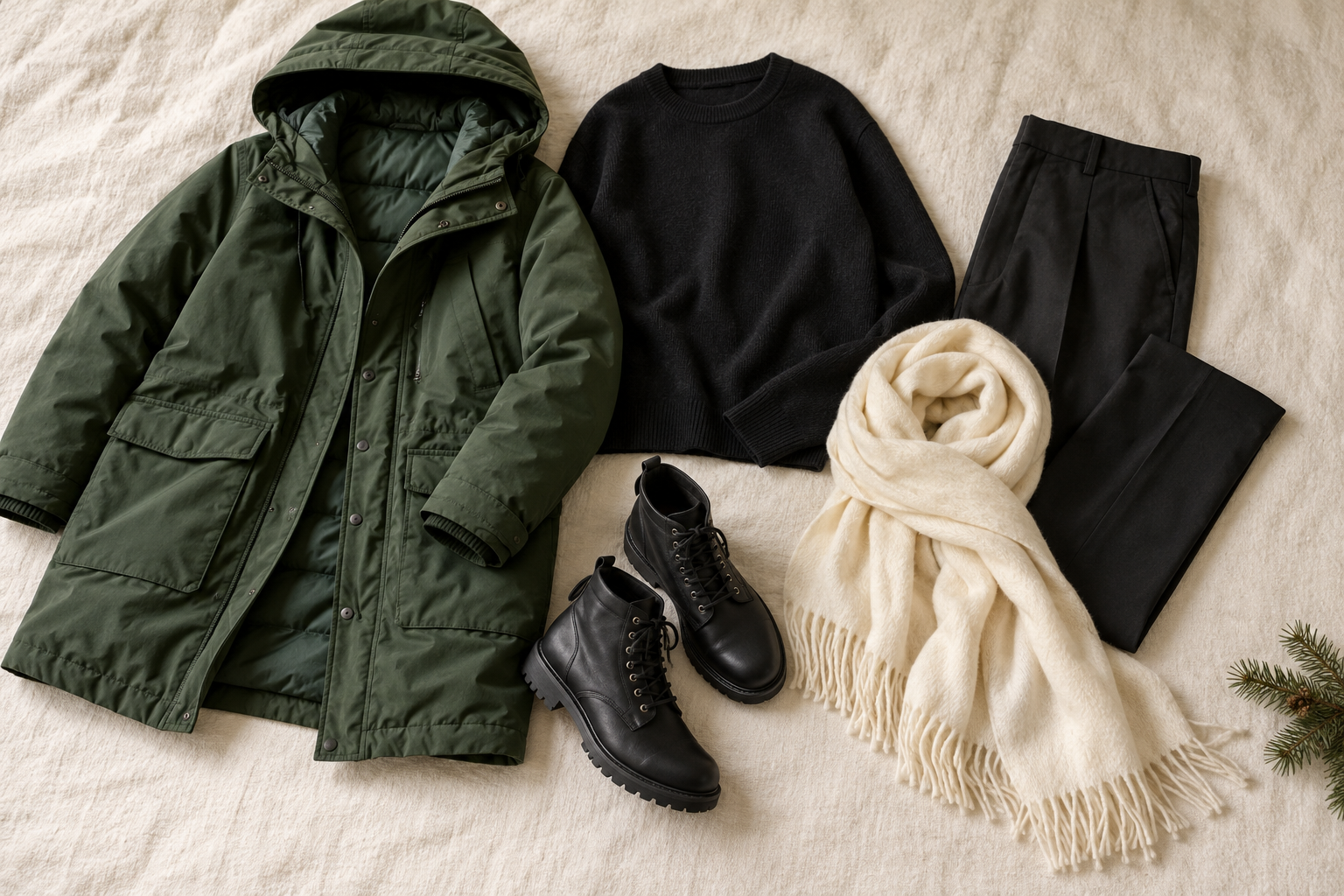 Forest-green hooded coat, black top and trousers, black boots and cream scarf