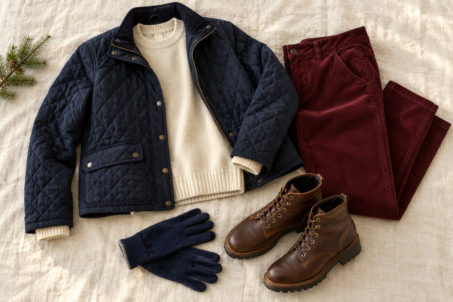 Navy quilted jacket, ivory knit, burgundy corduroy trousers and brown boots