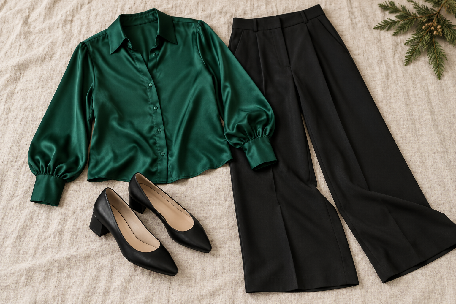 Emerald satin blouse with black wide-leg trousers and low pumps