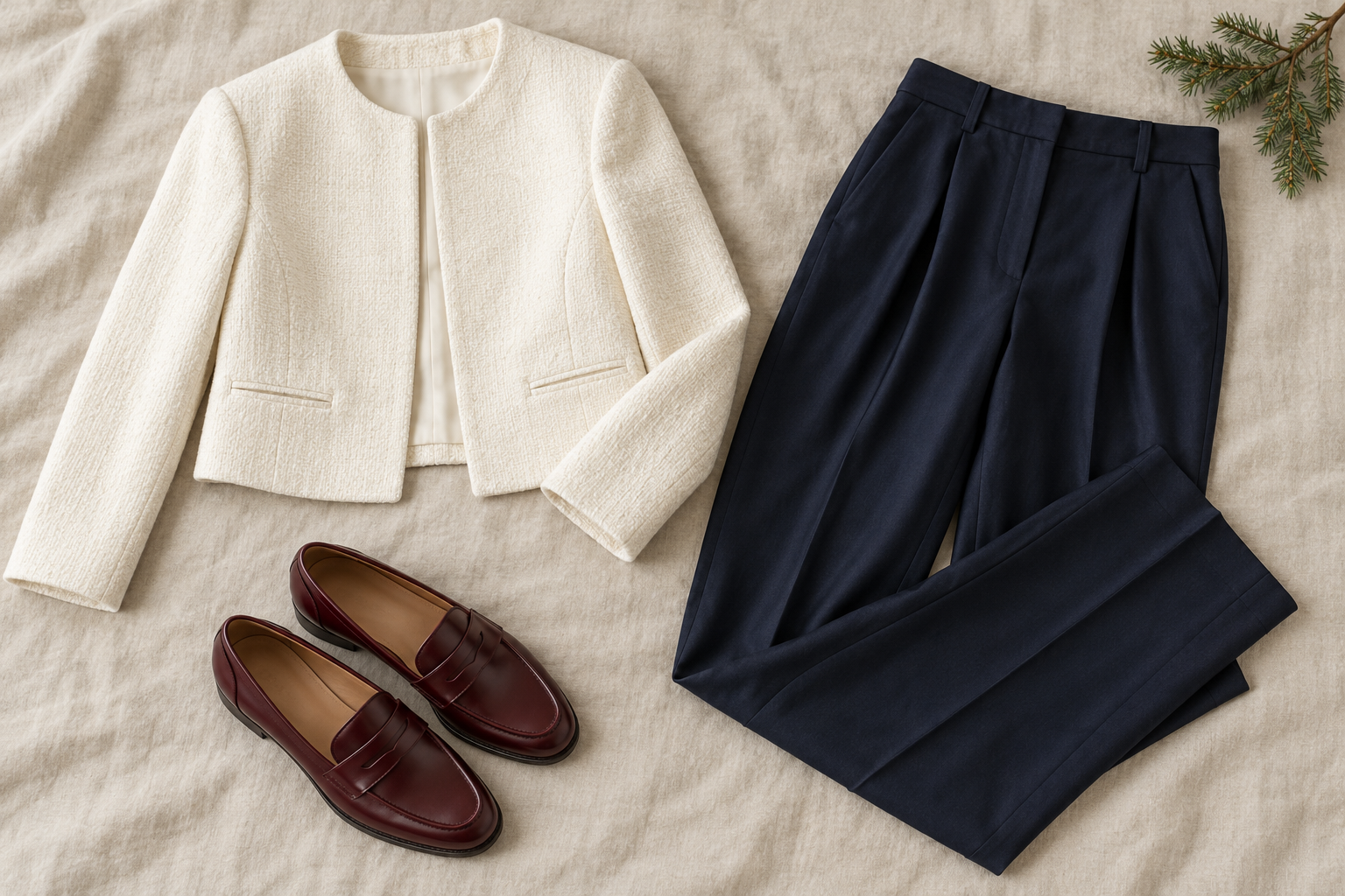 Ivory collarless jacket, navy trousers and burgundy loafers