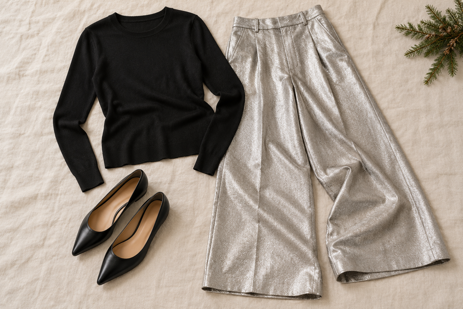 Black fine-knit top, silver trousers and black pointed flats