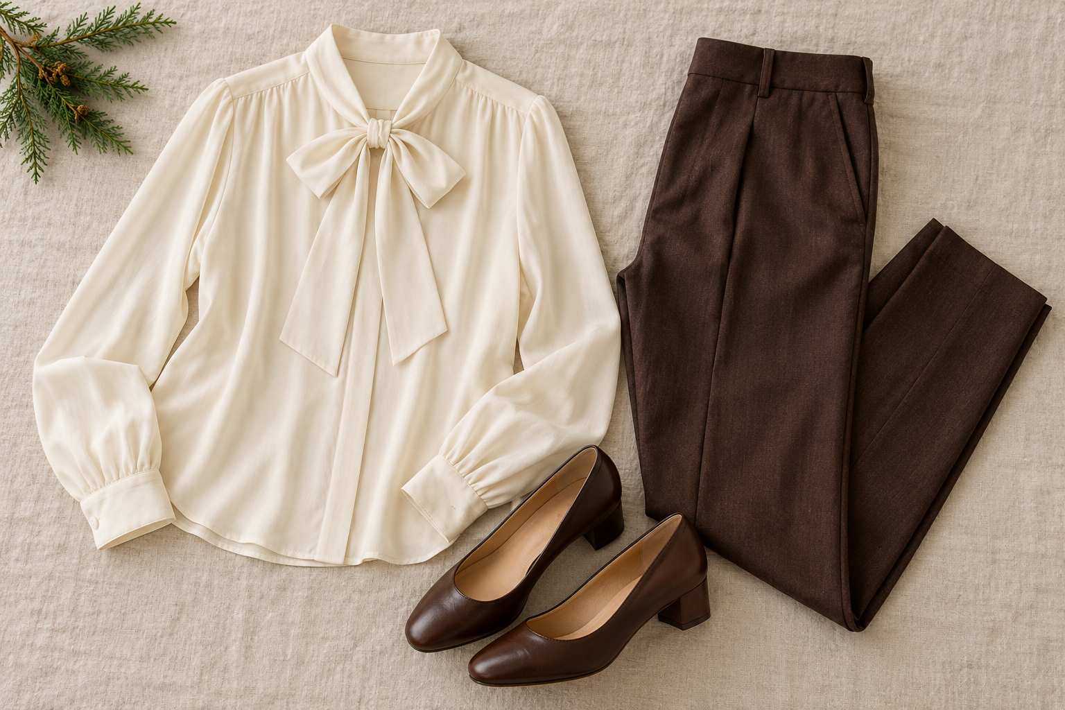 Cream bow blouse, chocolate trousers and brown low pumps