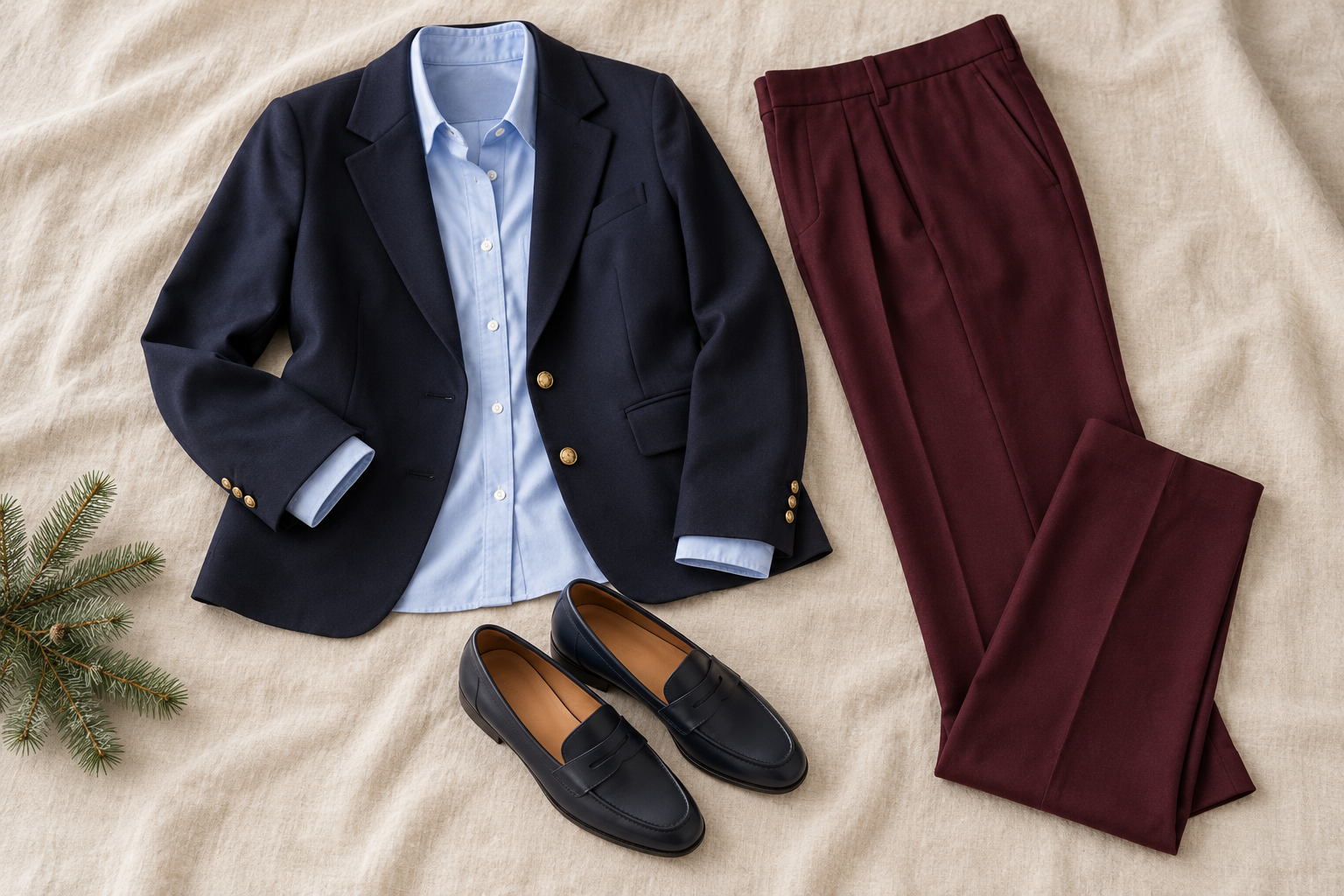 Navy blazer, pale blue shirt, burgundy trousers and navy loafers