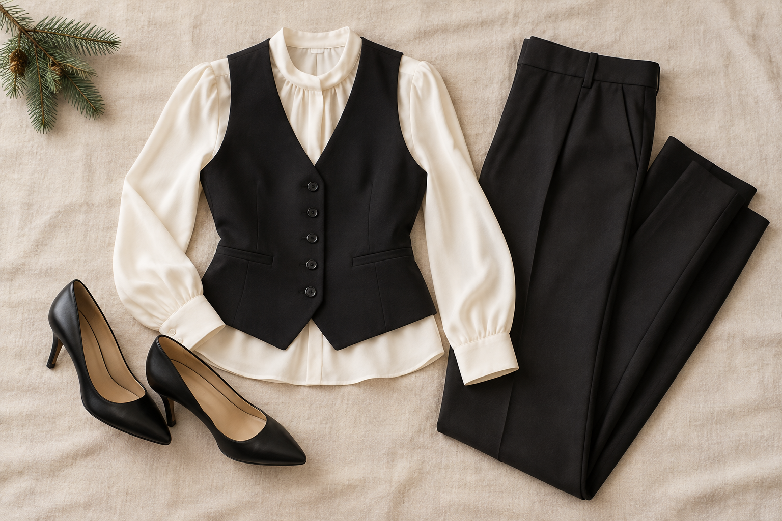 Black waistcoat over ivory blouse with matching trousers and black pumps