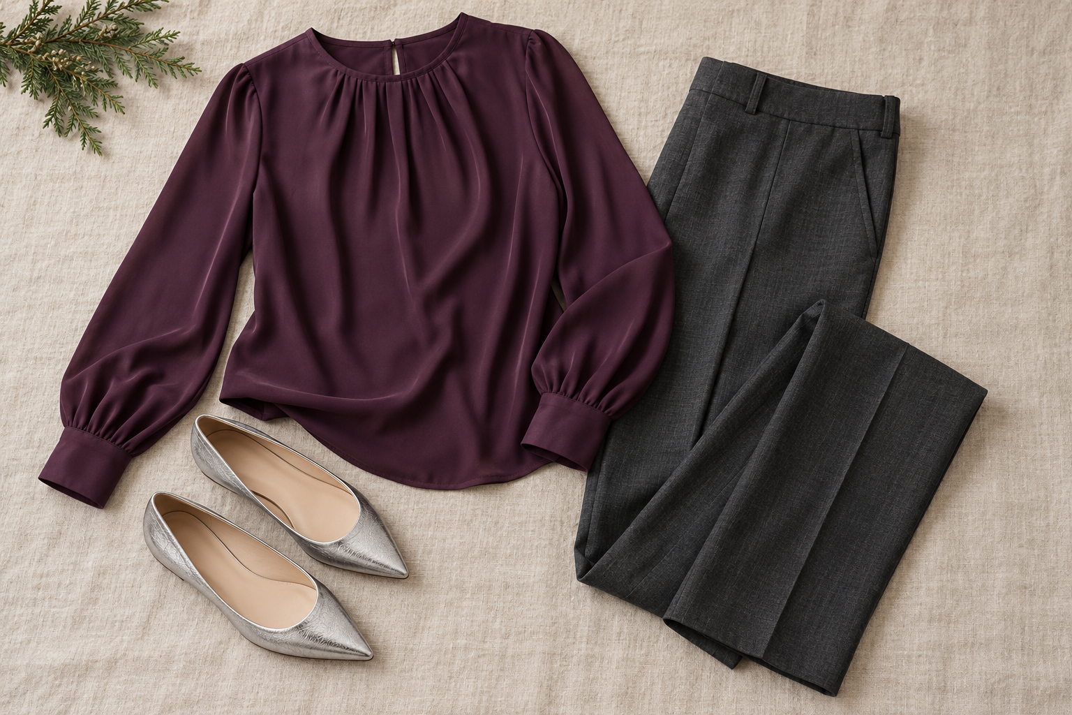 Plum blouse, charcoal tailored trousers and silver pointed flats