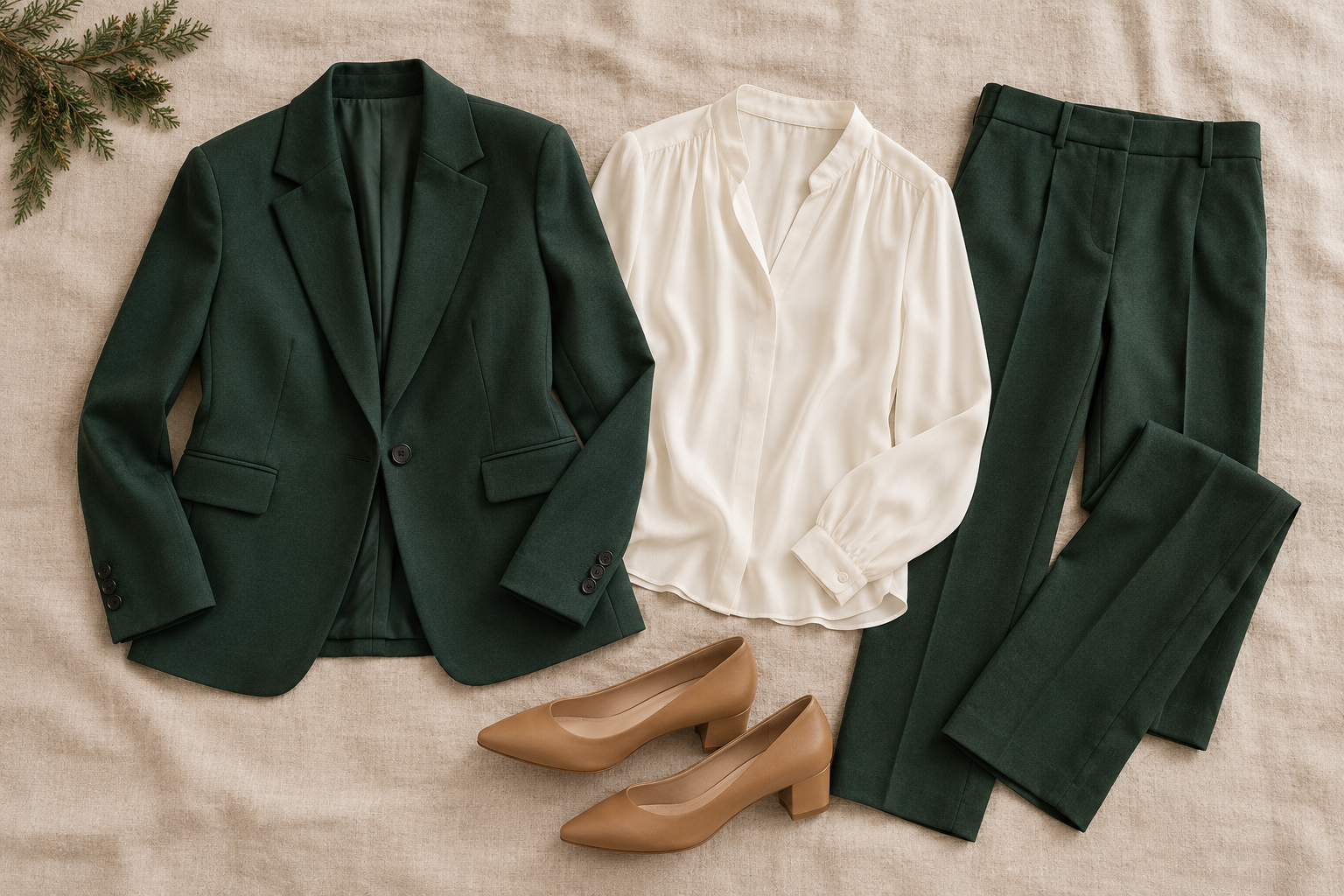 Forest-green suit, ivory blouse and tan low pumps