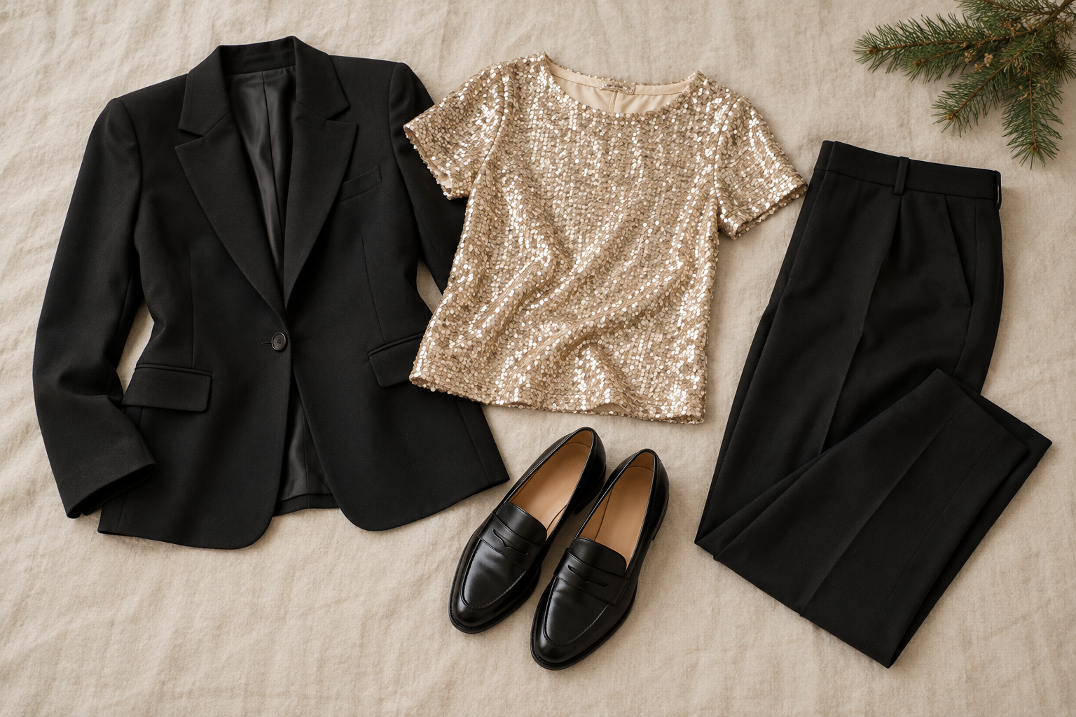 Black blazer, champagne sequin top, black trousers and loafers