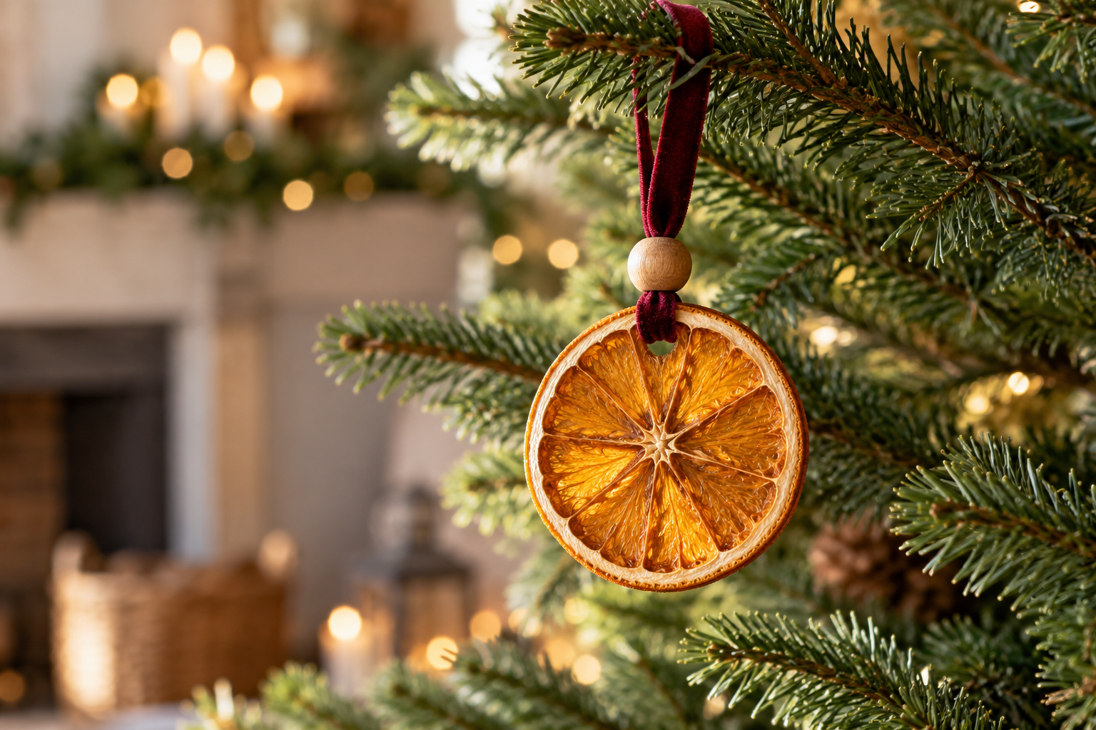 Single dried orange slice Christmas ornament with wood bead and burgundy ribbon, hanging on evergreen branch closeup