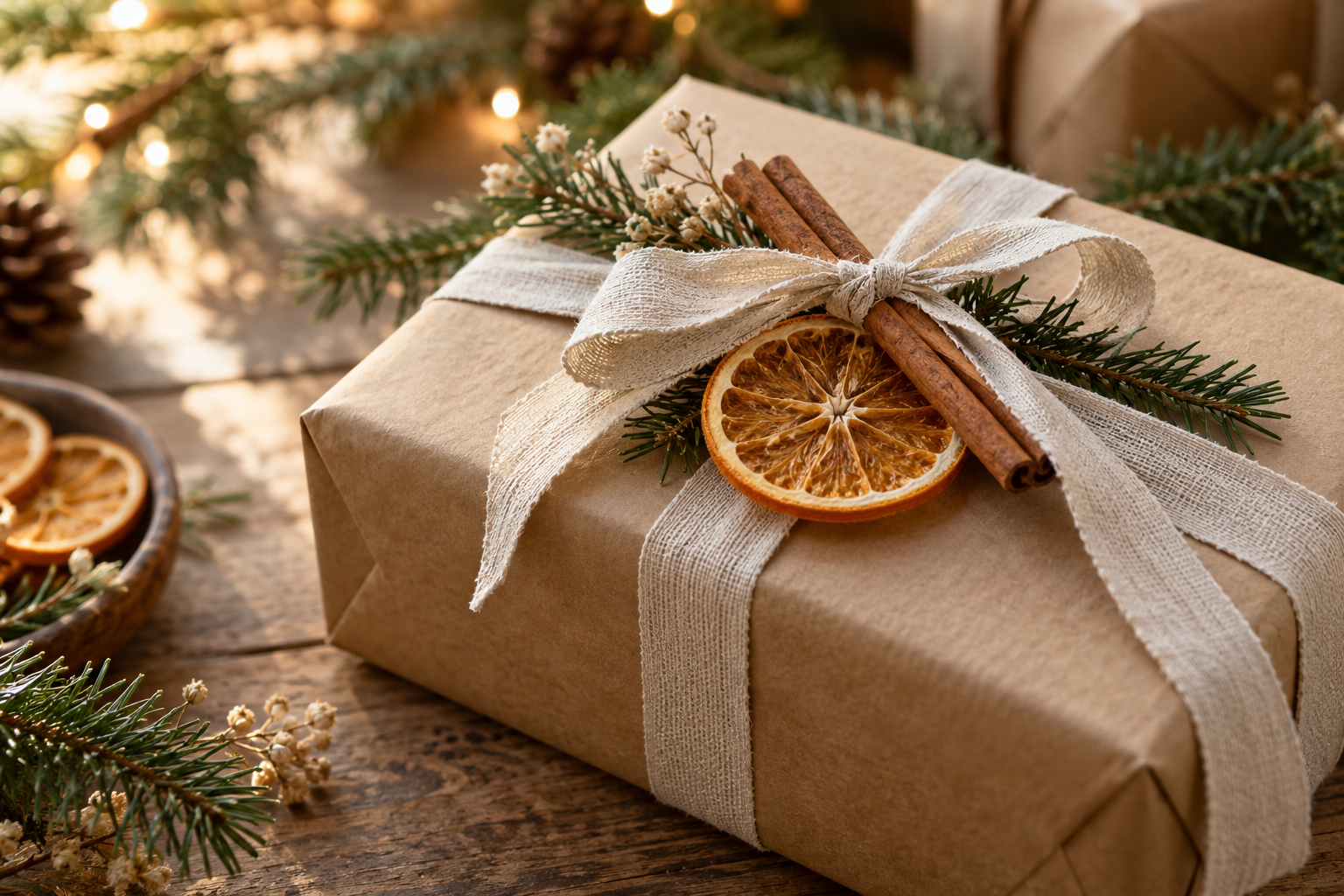 Dried orange slice and cinnamon stick tied as topper on kraft wrapped Christmas gift with linen ribbon