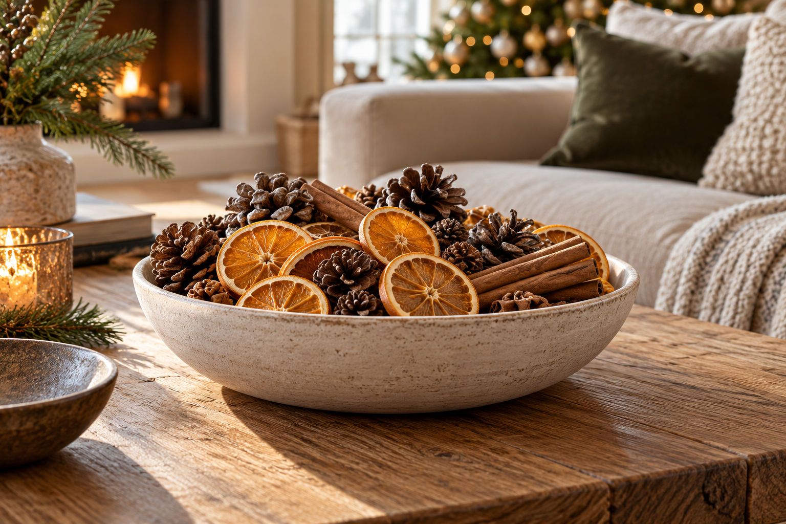 Low ceramic bowl filled with dried orange slices, pinecones and cinnamon sticks on oak coffee table