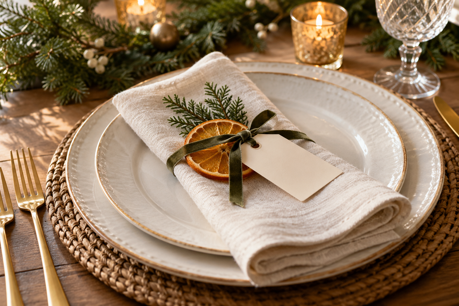 Dried orange slice with blank cream gift tag and simple ribbon on ivory linen napkin at elegant Christmas place setting