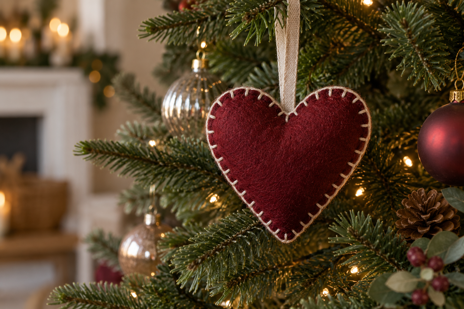 Hand sewn burgundy felt heart ornament with cream blanket stitching and linen hanging loop on Christmas tree